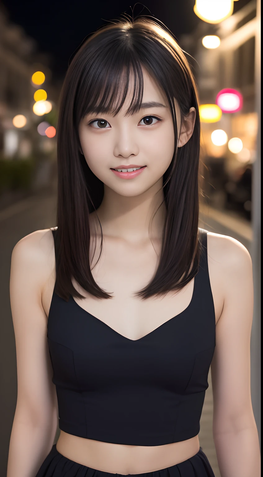 masutepiece, Best Quality, 8K, 15yo student, Teen, Raw photo, absurderes, award winning portrait, Smile, Smile, Solo, Night, neons, Idol face, violaceaess, gardeniass, Delicate girl, Upper body, Digital SLR, Looking at Viewer, Candid, Sophisticated, zora々Right, Thin arms, Professional Lighting, Film grain, chromatic abberation, (Eyes and faces with detailed:1.0), (Bokeh:1.1)