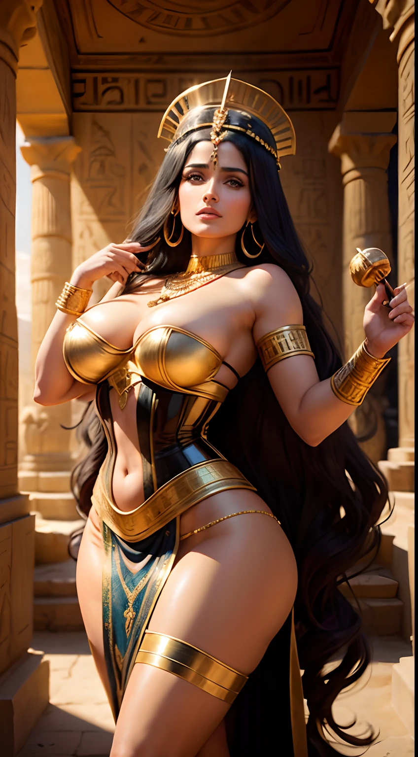 Salma Hayek as an ancient Egyptian princess, wearing only gold ornaments, no clothes, snake arm bands, a thick necklace, standing inside an ancient Egyptian temple, hyroglyphs on walls, large breasts and oubes visible, holding a gold sceptre in her hand, a corset, upper body