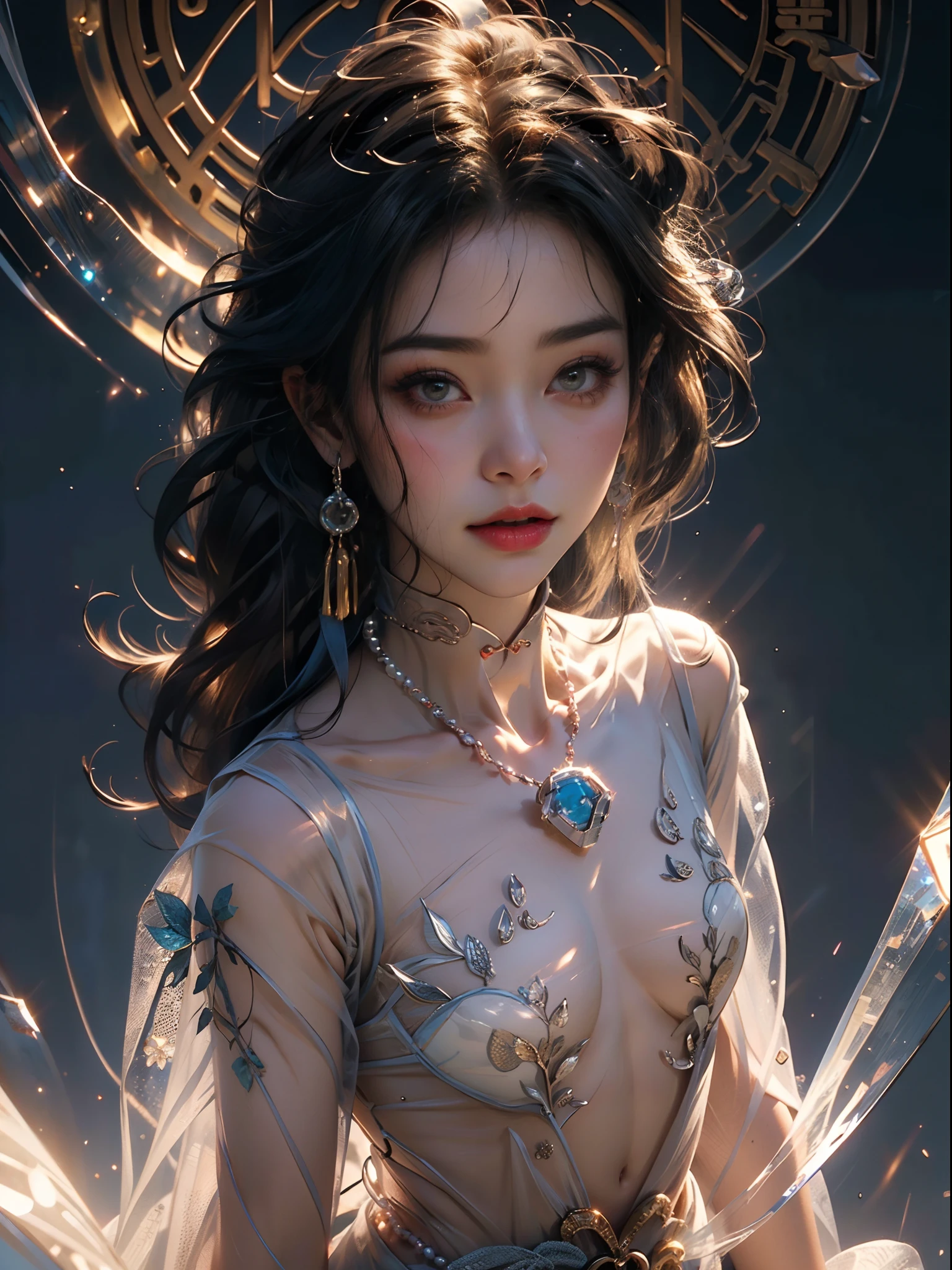 (RAW: 1.2), (Realistic: 1.4), (Clarity: 1.4), (((beautiful Chinese woman ((((body facing camera)))) in tea house))), ((beautiful detailed face)), (cowboy shot), ((Height: 2.0)), (Precious stones refract dazzling light))), (Pale skin, thin skin, seductive expression, double eyelids, lips with gelatinous texture, glossy lips, small cherry mouth, shiny hair on the forehead, (((flawless skin texture)))), (using gems, pearls, emerald, amber), (dynamic hair, (fringe and bangs hairstyle), layered hair, wet hair, loose hair), (wet skin texture), shiny skin, glowing skin, radiant, eyes looking at camera, High Quality Detail, Cinematic Lighting, ((Backlight)), Ultra Detailed, High Resolution, Very Detailed, Best Quality, Masterpiece, Illustration, Very Detailed, CG, Unified, 8k Wallpaper, Incredible, Fine Detail, Masterpiece, Light on Face, Backlight, Cinematic lighting, ((Dynamic Pose)), (((Clothing: ((transparent)) cheongsam made of ((transparent plastic)), high slit design))), (Precious stones, diamonds, pendants, necklaces, waist chains, earrings.