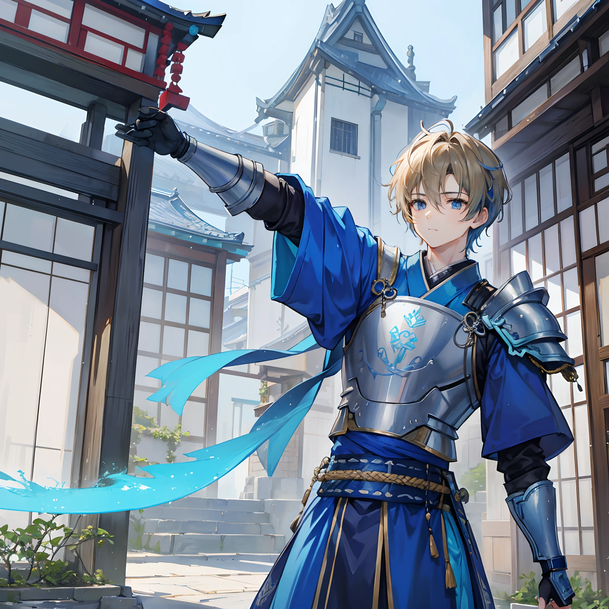 Froy Gutierrez is bowing down a little blue armour, blue sword, short blonde hair, masculine features, traditional Japenese House in background
