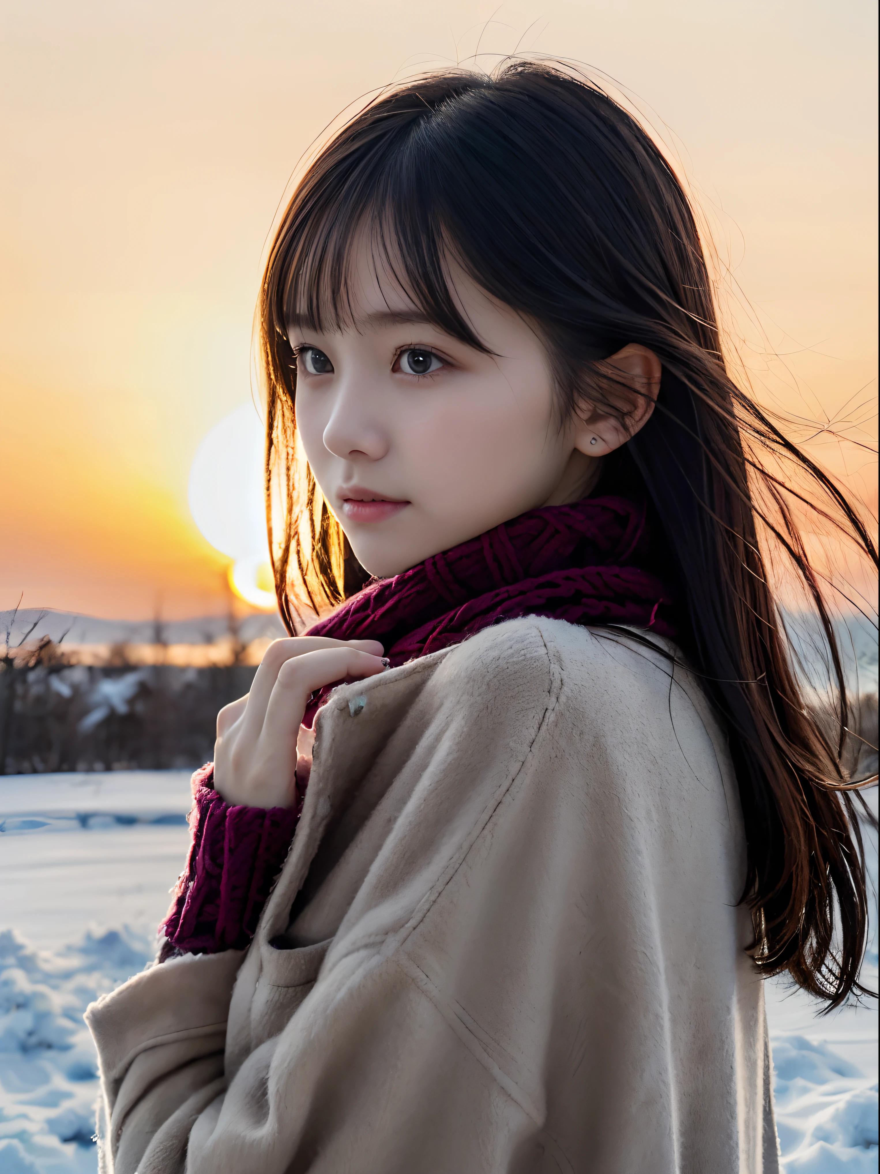 (A close-up portrait from behind of one slender girl has long hair with dull bangs and a scarf coat in winter uniform:1.5)、(One girl turned around with a sad face with hair fluttering in the wind :1.3)、(Beautiful snowy sunset all red sky:1.5)、(Perfect Anatomy:1.3)、(No mask:1.3)、(complete fingers:1.3)、Photorealistic、Photography、masutepiece、top-quality、High resolution, delicate and pretty、face perfect、Beautiful detailed eyes、Fair skin、Real Human Skin、pores、((thin legs))、(Dark hair)