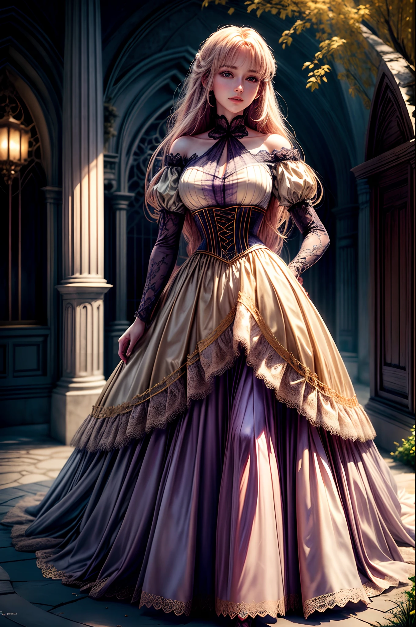 Create an engaging representation of a young woman with long, golden hair that glows like rays of sunshine (Cabelo: cabelos dourados como raios de sol), eyes that shine with the magic of amethyst (Olho: Amethyst Magic Eyes) e um sorriso cativante. She is wearing a stunning costume inspired by the Belle Époque style, a flowing dress adorned with lace and ribbons (garments: Belle Époque dress with lace and ribbons). The scene takes place in an enchanted garden by a serene lake, reflecting the twinkling stars in the night sky (Ambiente: Enchanted garden by a lake under a starry sky). This image should convey a sense of charm and magic, evocando a atmosfera de um conto de fadas. Use an aspect ratio of 16:9, the Midjourney Version 5 model.2 and a rendering quality of 0.85.