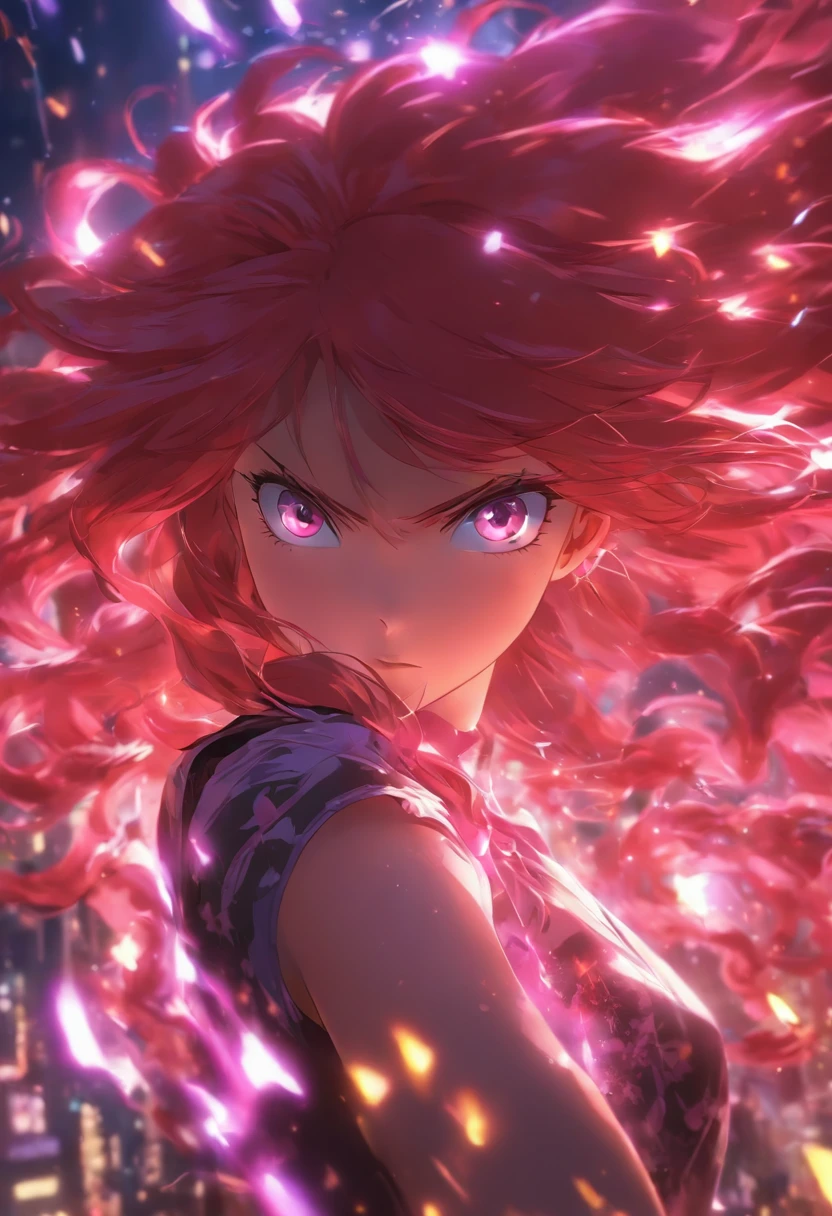 A 10-year-old girl with long red hair, heterochromatic eyes, Pale skin, Flat chest, Wear a black dress with a crisp pink shirt, With a more elegant and refined touch, Something that matches her mysterious and strong personality. Overall, Her appearance will be eye-catching, Attract curious and curious eyes, flatchest, Cinematic lighting, color difference, back lit lighting, Masterpiece, High details, High quality, 4K.torogao