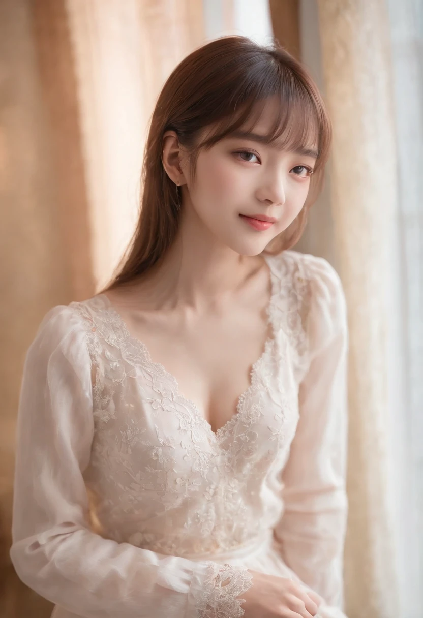 top-quality, Photorealsitic, ​masterpiece, 8K, Hi-Res, 独奏, 1girl in, (((infp young woman))),sixteen years old、full body Esbian、(small ????), ((Look at viewers)), (look at a camera), ((Different hairstyles close to long)）、Perfect straight black hair、(((With bangs)))、 (profetional lighting), Highly detailed bright face、Gentle Japan girl、Lovely smile、Small cleavage、With lace、Pink（long-sleeve）、Standing in the room