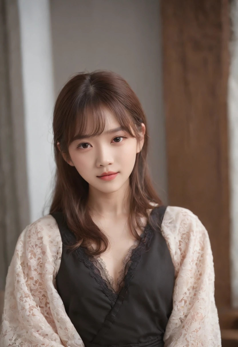 top-quality, Photorealsitic, masterpiece, 8K, Hi-Res, 独奏, 1girl in, (((infp young woman))),、full body Esbian、(small tits), ((Look at viewers)), (look at a camera), ((Different hairstyles close to long))、Perfect straight black hair、(((With bangs)))、 (profetional lighting), Highly detailed bright face、Gentle Japan girl、Lovely smile、Small cleavage、With lace、Pink(long-sleeve)、Standing in the room
