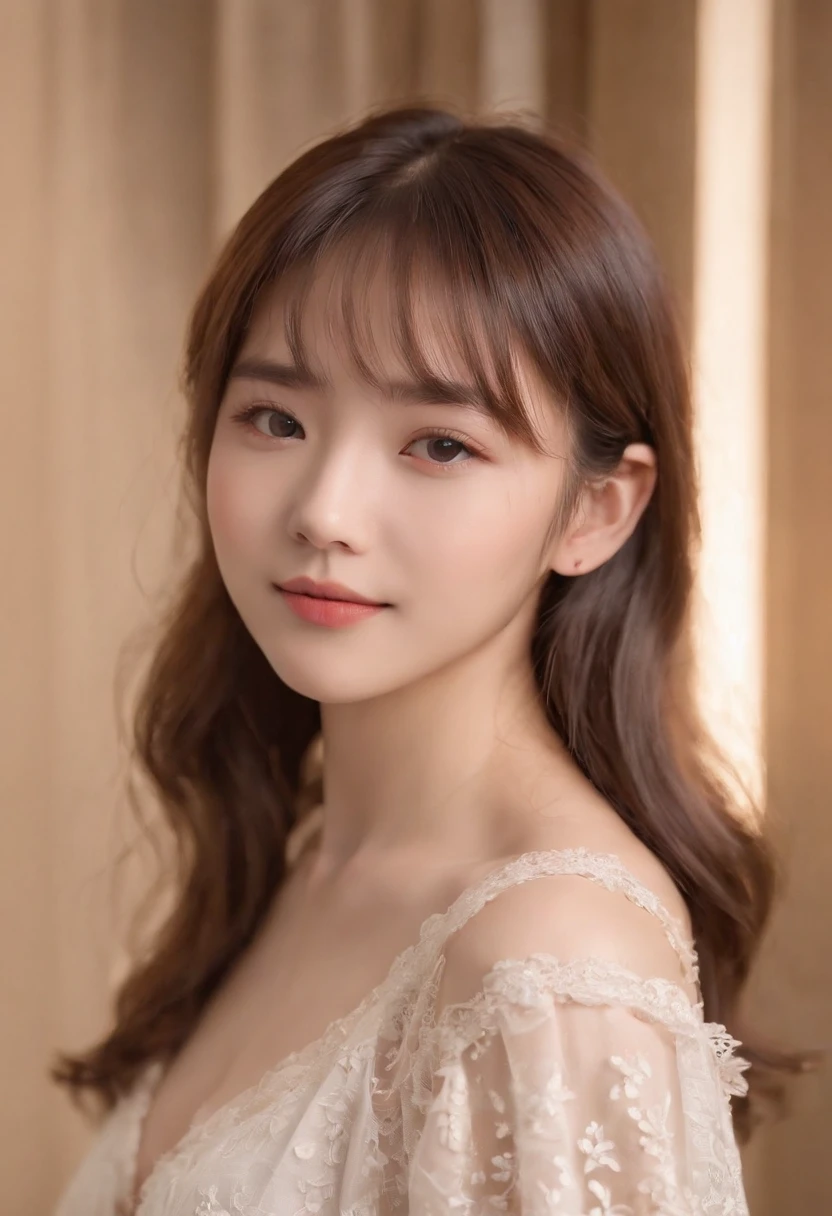 top-quality, Photorealsitic, masterpiece, 8K, Hi-Res, 独奏, 1girl in, (((infp young woman))),sixteen years old、full body Esbian、(small tits), ((Look at viewers)), (look at a camera), ((Different hairstyles close to long))、Perfect straight black hair、(((With bangs)))、 (profetional lighting), Highly detailed bright face、Gentle Japan girl、Lovely smile、Small cleavage、With lace、Pink(long-sleeve)、Standing in the room