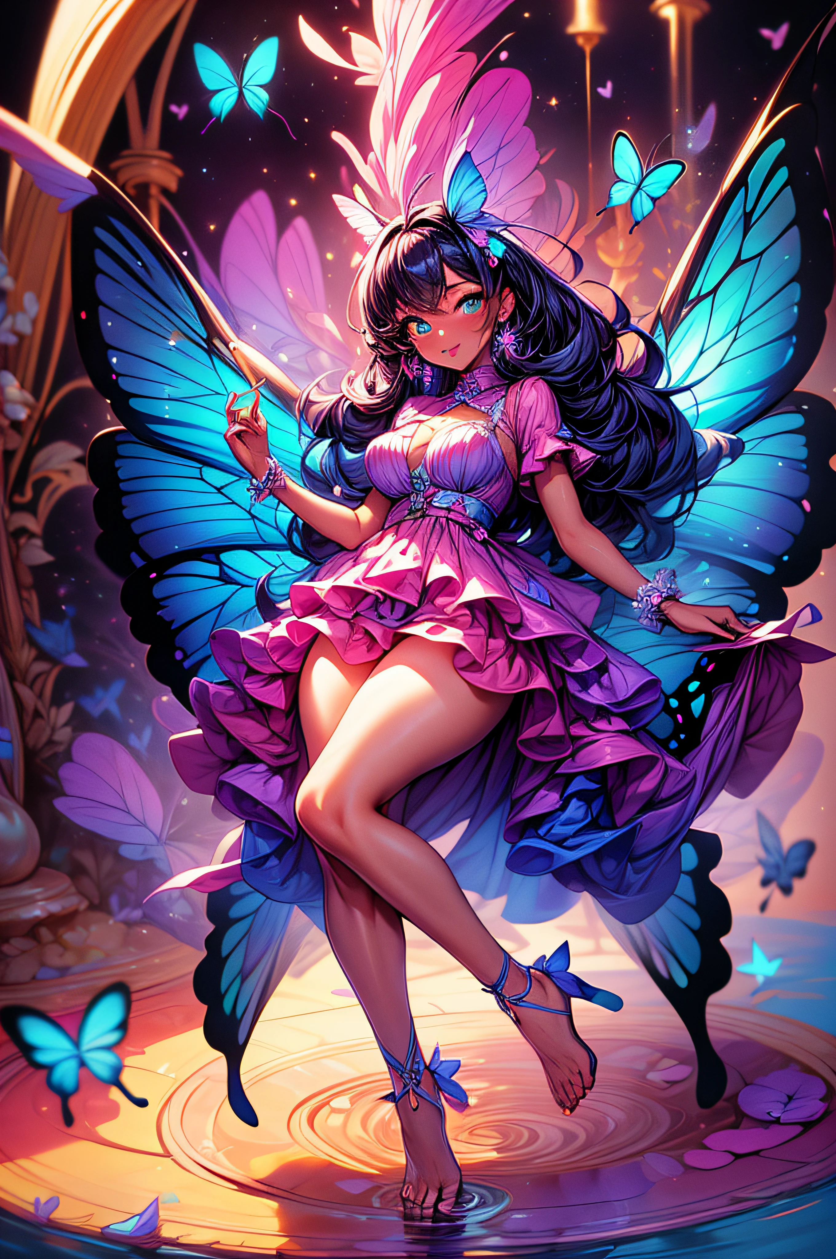 dreamlike, high angle shot, Best quality, Beautiful detailed, 1 girl,wide shot, A girl, full body, long, multicolored hair, dark skin, butterfly wings on her back, flying and touching the water that covers the entire ground with the tips of the toes, Wearing semi-transparent clothing, good lighting, Incredible detailed particle illumination, full body, Butterflies around.irl, looking the camera.