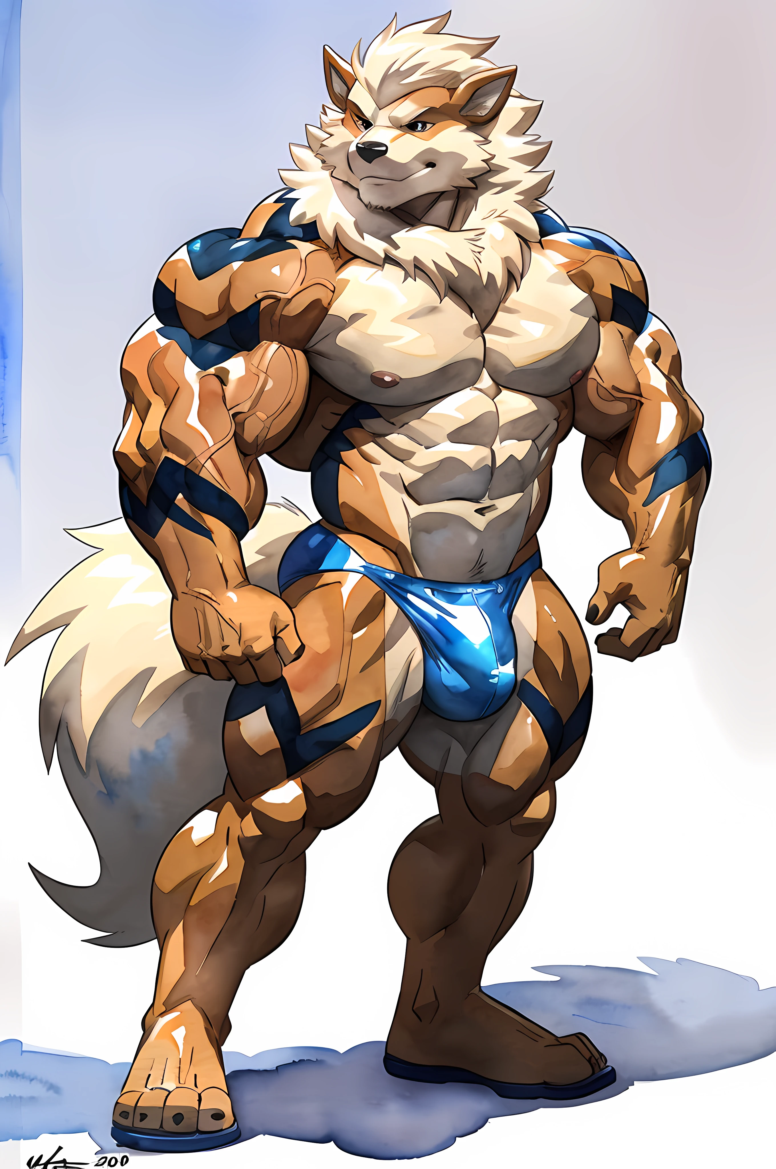 Arcanine. 4k, high resolution, best quality, posted on e621, solo, anthro body, older male, male, mane, adult, very masculine, (very muscular, thick build, muscular arms, well defined muscles, heavyweight:1.2), correct anatomy, (white background, no background:1.2), (by wfa:1.2), (by Pokkuti, by vorusuarts, by Traver009:1.0), (speedos, bulge:1.0), (detailed eyes:1.2), sexy, (cel shaded:1.2), (shiny muscles:1.2), cartoony coloring, (watercolors:1.2), strong shadows, confident, proud, nipples, (vascular, veins:1.1), full body