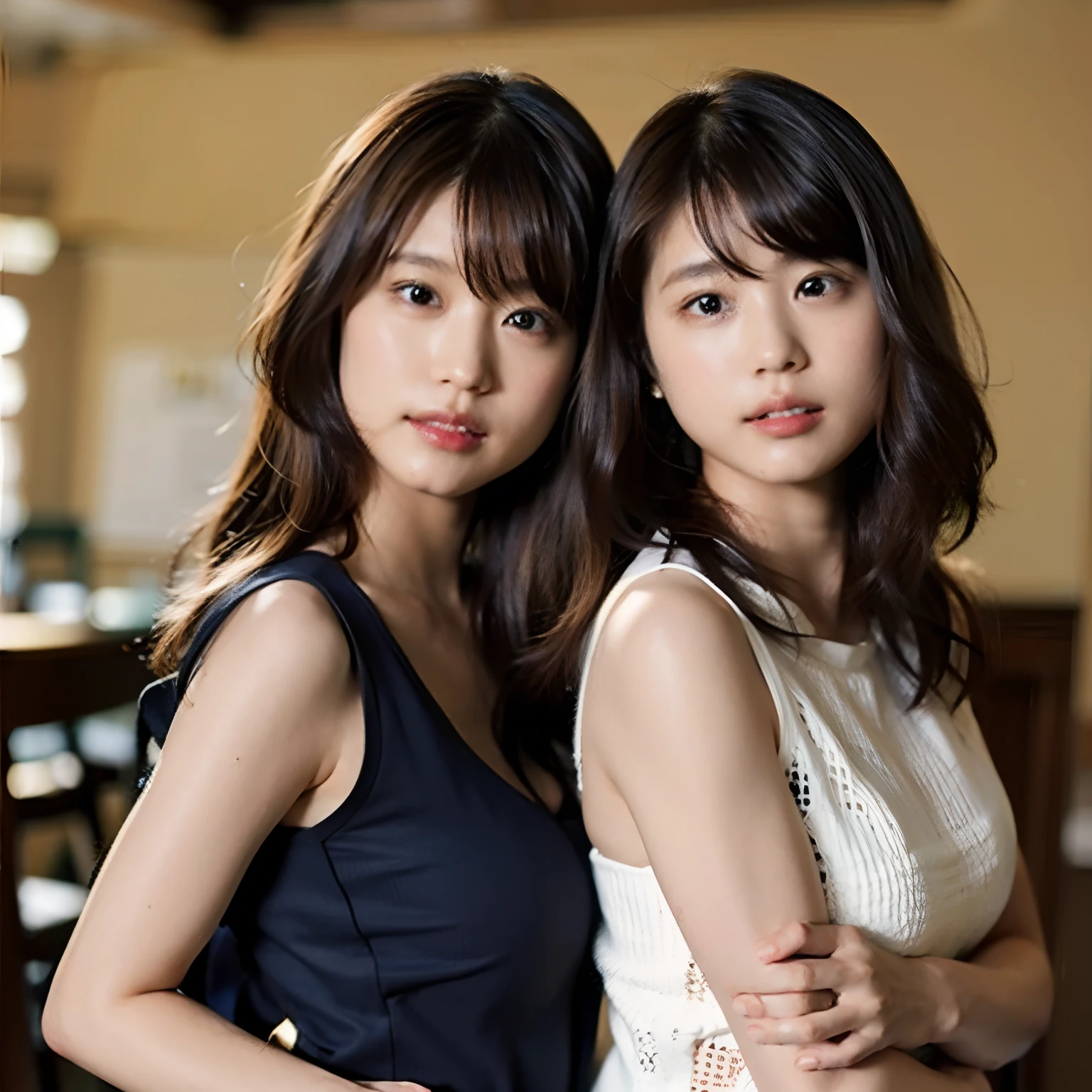 2 beautiful girl, extremely detailed eye and face, Realistic, extremely detailed CG unified 8k wallpaper, ighly detailed, High-definition raw color photos, professional photograpy, Realistic portrait, Cinematic Light, Beautiful detailed, Blushing, Ashamed, (Realistic skin:1.2), (Best Quality:1.4), Super Detail, High quality, (Cute apron with naked frills:1.3), no underwear, (:1.5), cameltoe details, outdoor, food outliet, kitchen