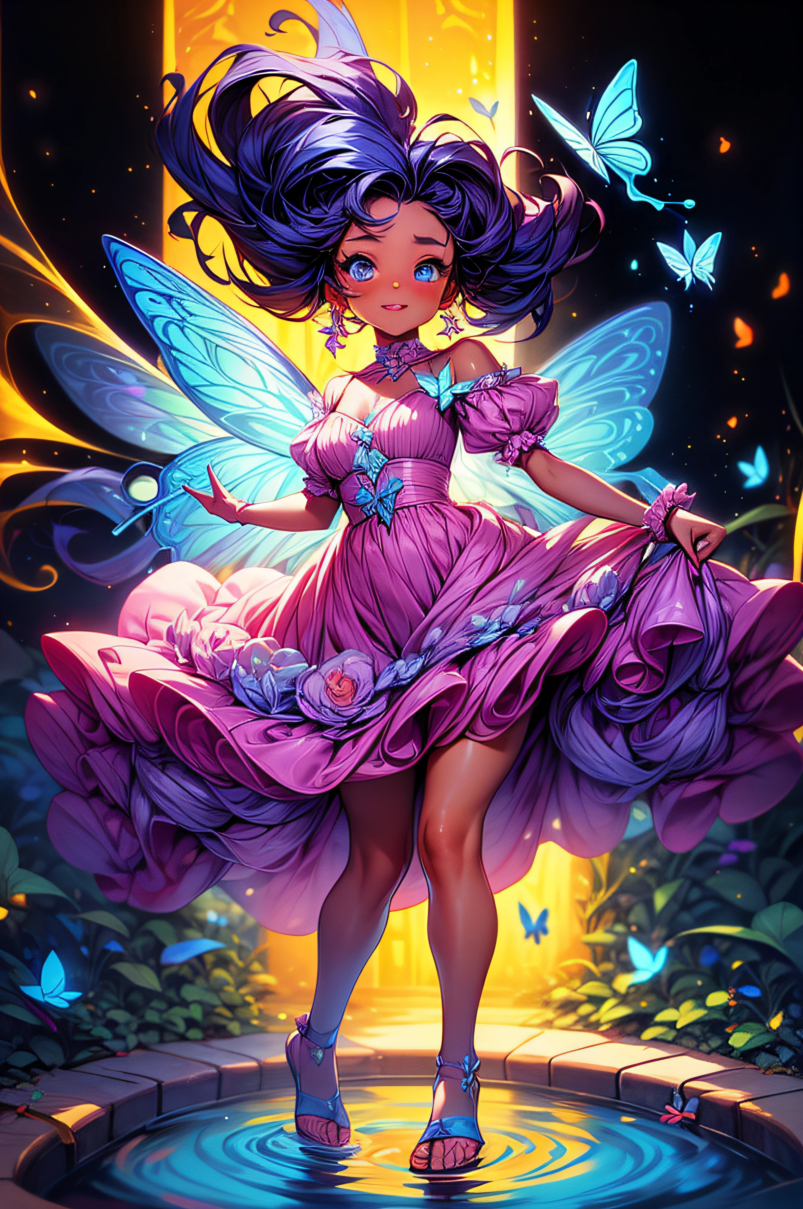 dreamlike, high angle shot, Best quality, Beautiful detailed, 1 girl,wide shot, A girl, full body, long, multicolored hair, dark skin, butterfly wings on her back, flying and touching the water that covers the entire ground with the tips of the toes, Wearing semi-transparent clothing, good lighting, Incredible detailed particle illumination, full body, Butterflies around.irl, looking the camera.