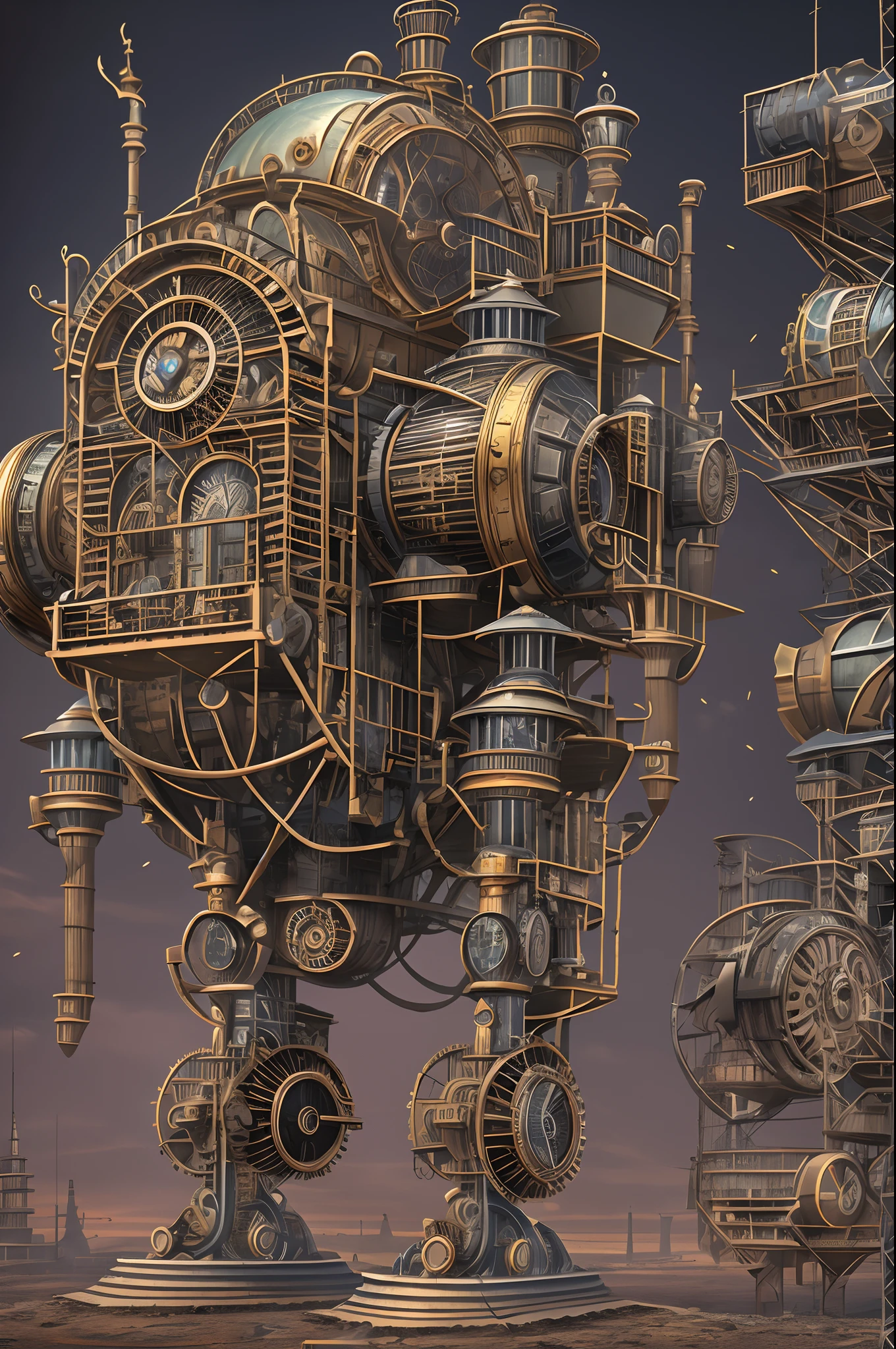 steampunc,Wasteland,Huge mechanical moving castle,Stout limbs,dynamic blur,super-fine,ultra - detailed,high qulity,8K ,oc rendered,dynamic viewing angle,Hyper Real,Ultra photo realsisim