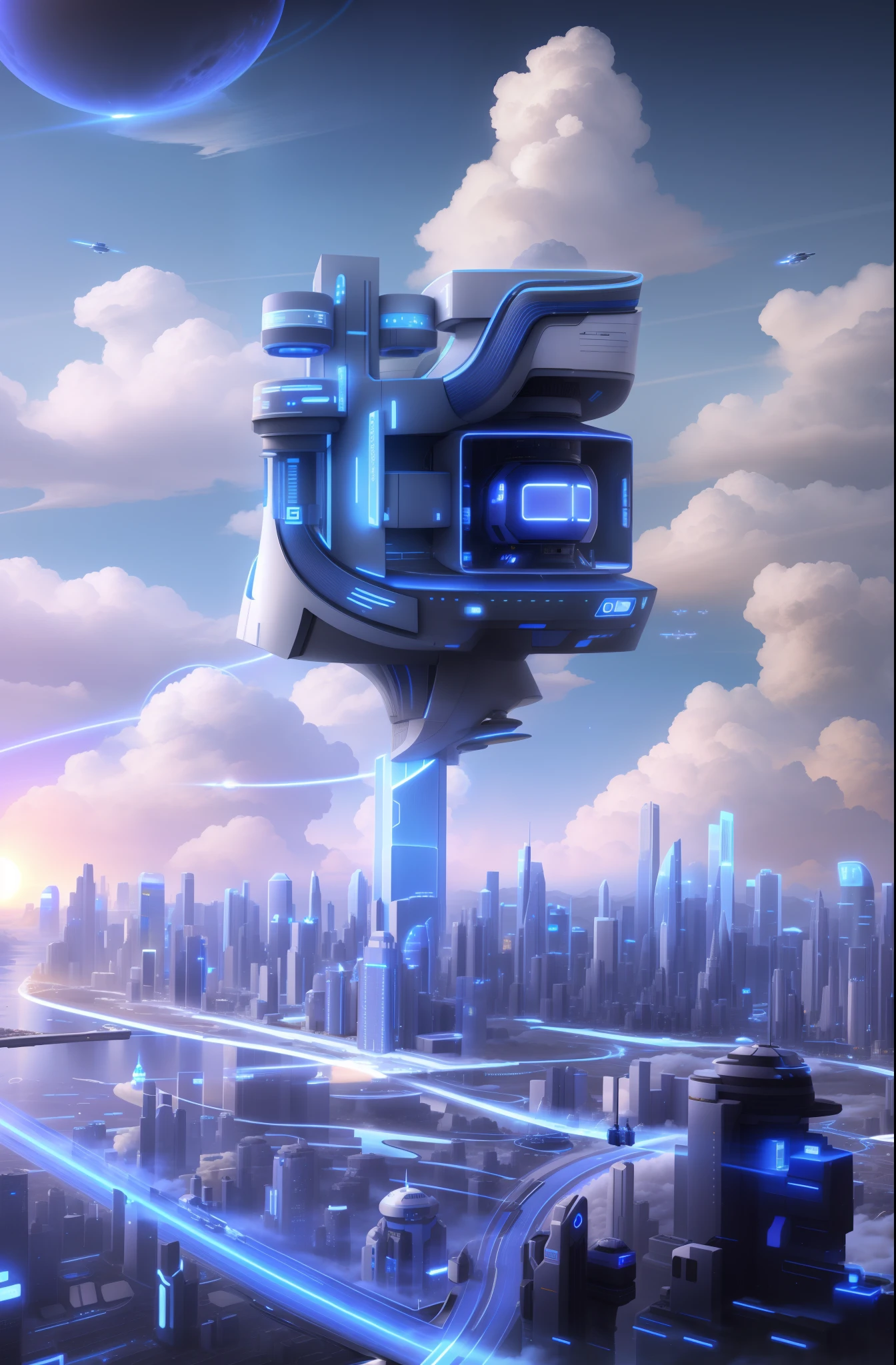 The city of the future、droid、Civilian、Rich clouds drift in the sky、Connect to the city network、tall house、blue-sky、SFFantasy City planet earth epcot,Luminism、Ray traching、closeup cleavage、kanon、hyper HD、tmasterpiece、Epic details、high qulity、High resolution -- v 6