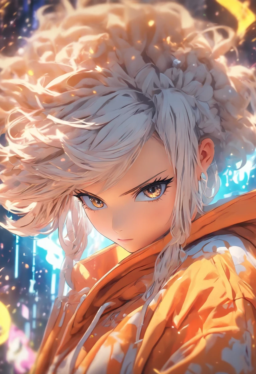 Top quality, Masterpiece, high resolution, 8K, Hoodie and anime style girl, One girl, detailed line art, Bright white and bright amber style, Digital enhancement, Close up, Anime core, Flowing fabric,torogao