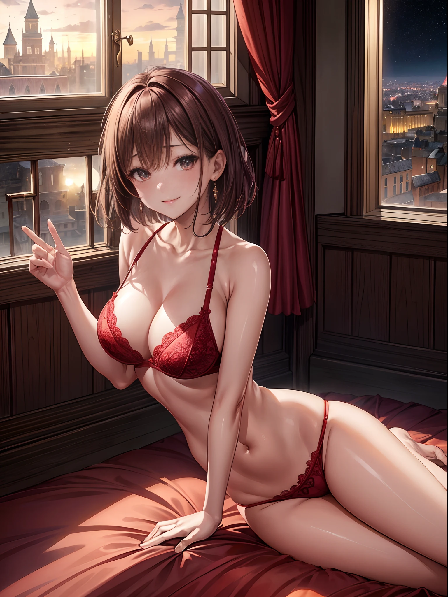 top-quality、Full limbs、complete fingers、one beautiful women、Beautiful Large Breasts、short-hair、bobhair、Brown hair、Red lace bra、Red lace panties、Raw feet、a smile、((Tower Mansion))、Luxurious room、((Glazed window walls、You can see the night view from the window))、Luxurious king-size bed、Red futon、dim room、Indirect lighting is on、Sitting on the bed、blushing、Nasty atmosphere、Elegant atmosphere、Holding a red pillow