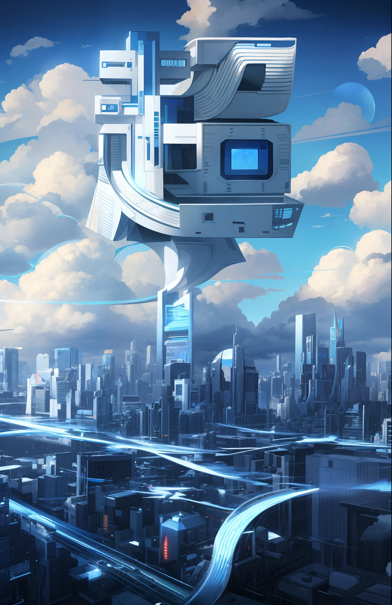 The city of the future、droid、Civilian、Rich clouds drift in the sky、Connect to the city network、tall house、blue-sky、afofuturism、Luminism、Ray traching、closeup cleavage、kanon、hyper HD、tmasterpiece、high detal、high qulity、High resolution -- v 6