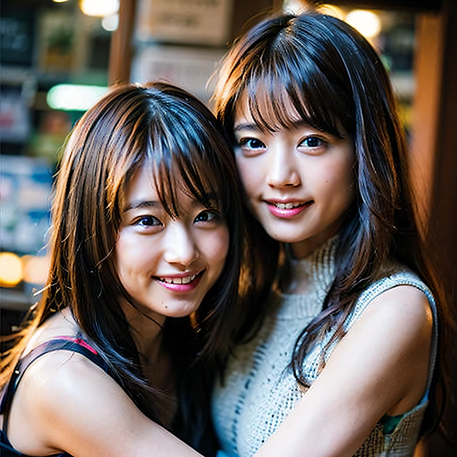 (8K、Raw photography、top-quality、​masterpiece:1.2)、(realisitic、Photorealsitic:1.37)、ultra-detailliert、超A high resolution、Identical twin sisters hugging、see the beholder、beautifull detailed face、A smile、Constriction、(Slim waist) :1.3)、Tank Tops、Beautiful detailed skin、Skin Texture、floated hair、profetional lighting、