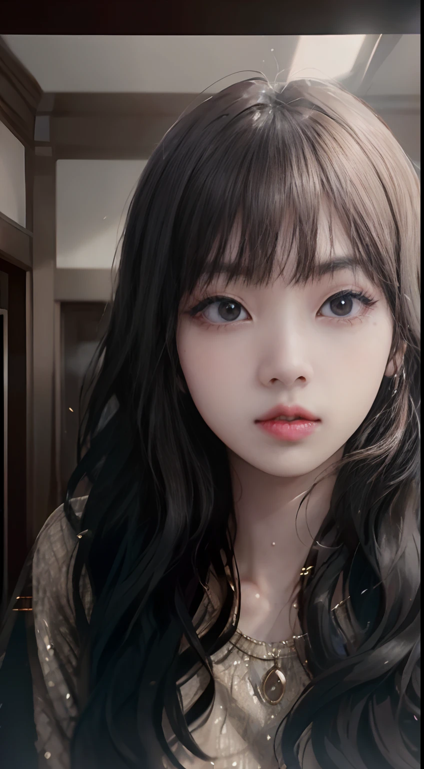 ((Lisa from Blackpink)), nude, close-up face, very light skin, very long hair, wavy hair, cinema entrance, photorealistic, indirect lighting, volumetric light, ray tracing, hyperdetailed, best quality, high resolution, HDR , 8k