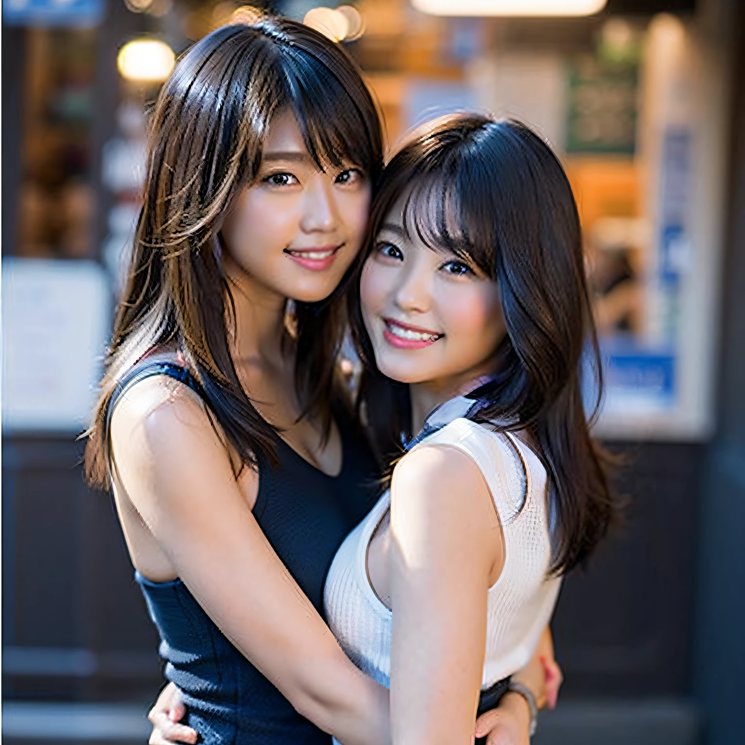 (8K、Raw photography、top-quality、masterpiece:1.2)、(realisitic、Photorealsitic:1.37)、ultra-detailliert、超A high resolution、Identical twin sisters hugging、see the beholder、beautifull detailed face、A smile、Constriction、(Slim waist) :1.3)、Tank Tops、Beautiful detailed skin、Skin Texture、floated hair、profetional lighting、