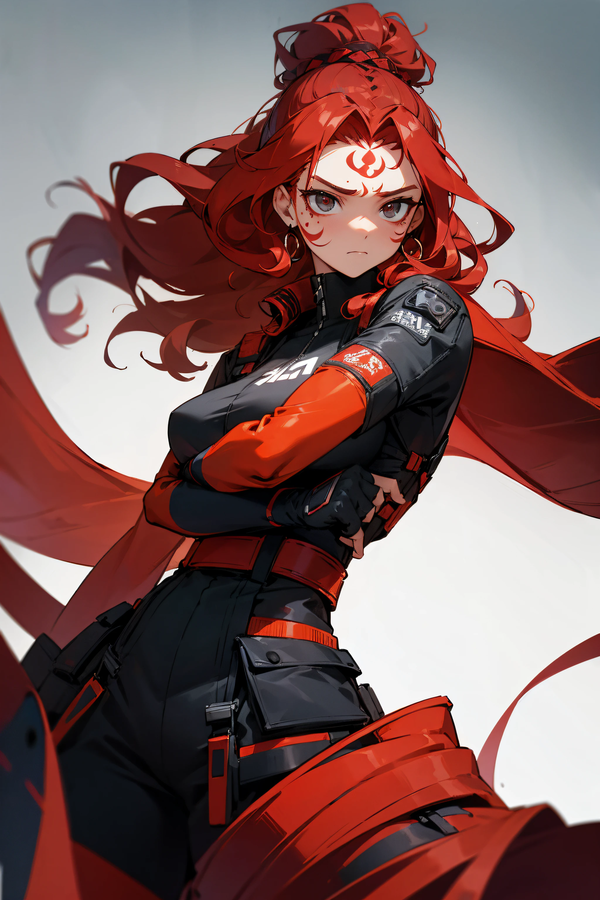 1female, Wavy textured hair, top knot hair, red hair, tribal mark on face, arms folded, techwear, model pose, somber expression