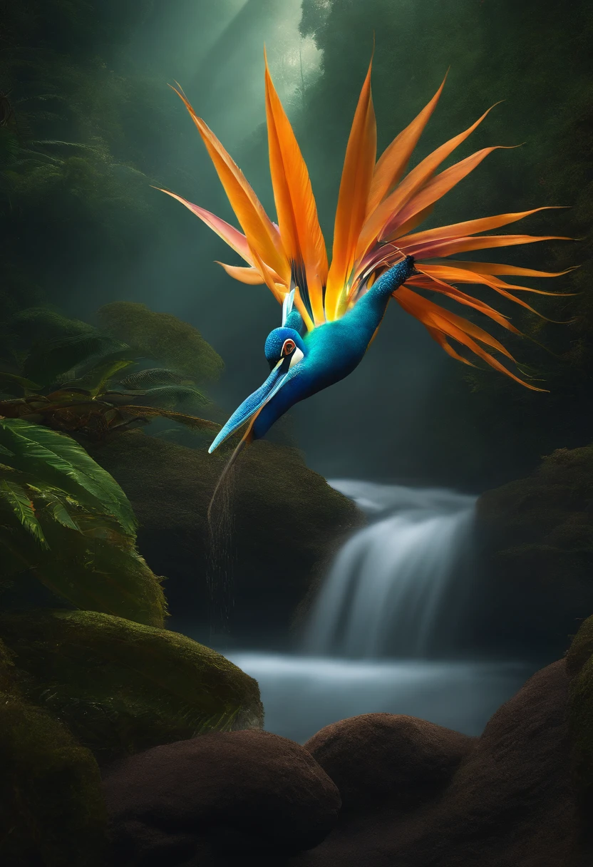 Photo in the shape of an Bird of Paradise, intergalactic, spirals, Outer space, nebulas, stele, Smoke swell, iridescent, intricate detailes, Octane Rendering, 8K Surreal, Realistic texture, Unreal Natural Lighting Engine, cinestill 800, (35mm Spring)