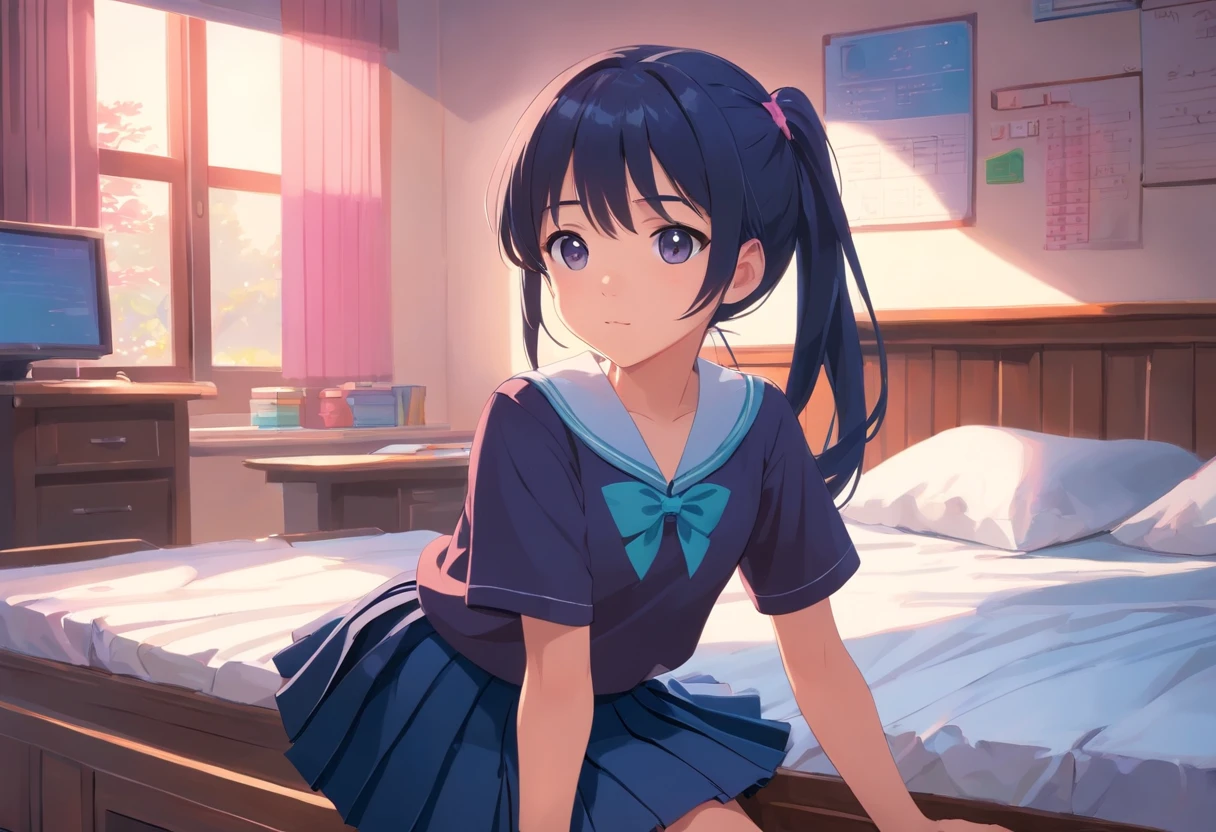 Beautiful illustration、top-quality、10 year old baby girl with dark blue ponytail and medium hair tied with pink elastic. Her S is very small. Her eyes are black、on the beds、(((black pleated skirt)))、(((a school uniform)))、longsleeves、Small