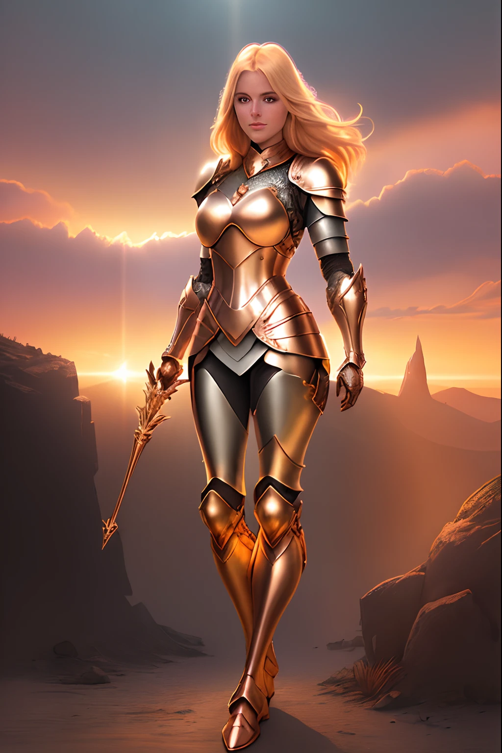 ultra detailed illustration of a beautiful blonde woman wearing a copper full armor, shiny metallic parts, battleground, illuminated by backlights, sunbeams, whimsical, backlit, sunset, colorful, tetradic colors, mystic, ultra sharp focus, by Mschiffer, best quality, best resolution, (full body:1.3)