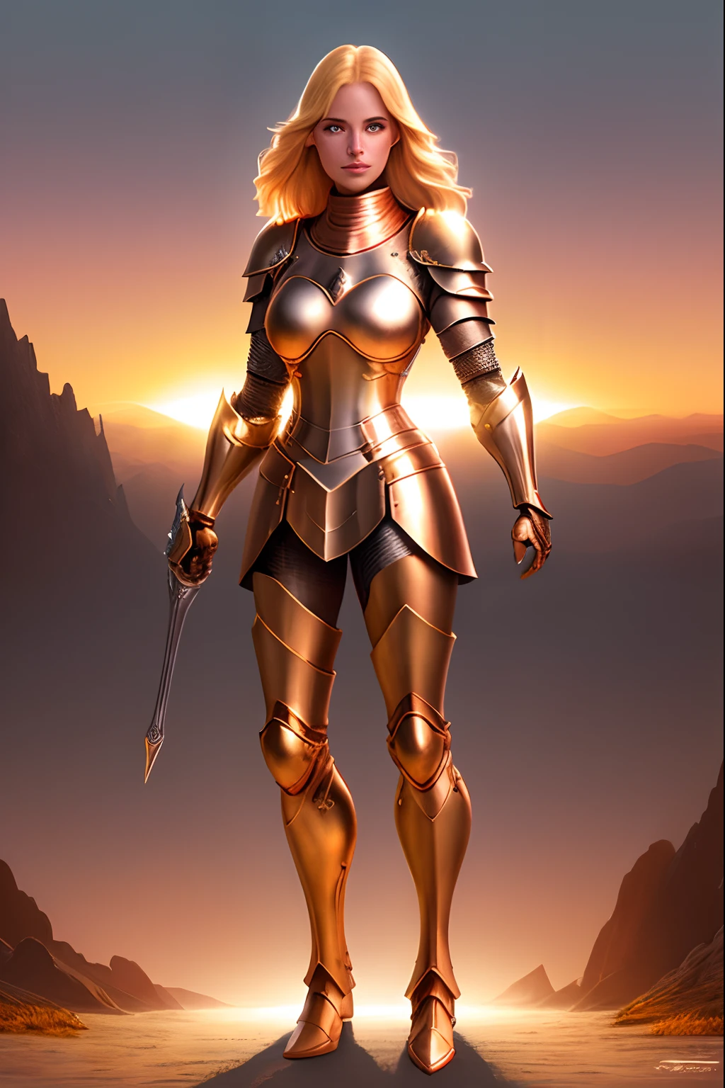 ultra detailed illustration of a beautiful blonde woman wearing a copper full armor, shiny metallic parts, battleground, illuminated by backlights, sunbeams, whimsical, backlit, sunset, colorful, tetradic colors, mystic, ultra sharp focus, by Mschiffer, best quality, best resolution, (full body:1.3)