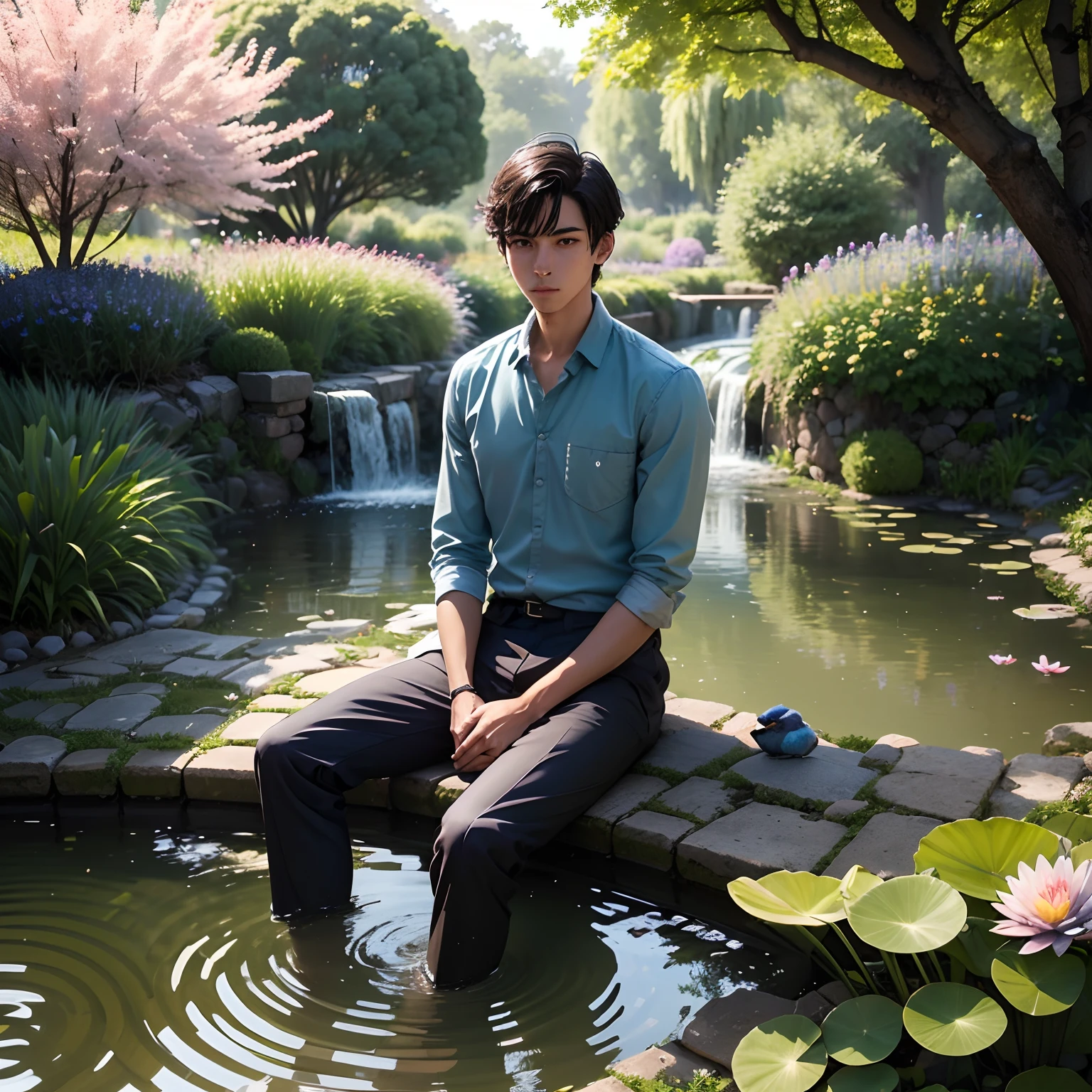 A young man sits under a tree in a garden with an artificial stream on which is a mini electric dam. Shrubs around with flowers and birds drinking water from a small puddle designed for them. Le cours d'eau traverserpar des petits pont en bois, ends in a small pool-shaped backwater with water lilies. --auto