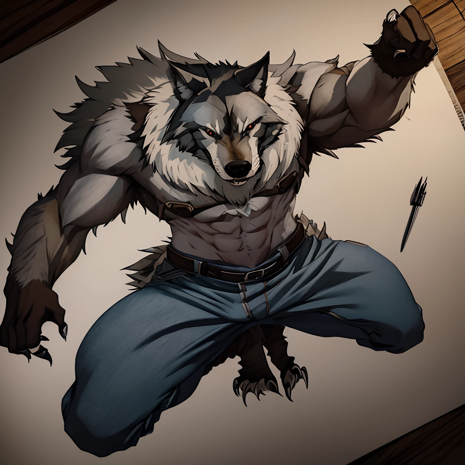 Realistic - Illustration - Pencil Art - Anime - Werewolf, em pose imponente, lado a lado, boca aberta, Claws on display, corpo inteiro, wears cloth pants, Montruoso, musculoso, wolf head, super peludo.