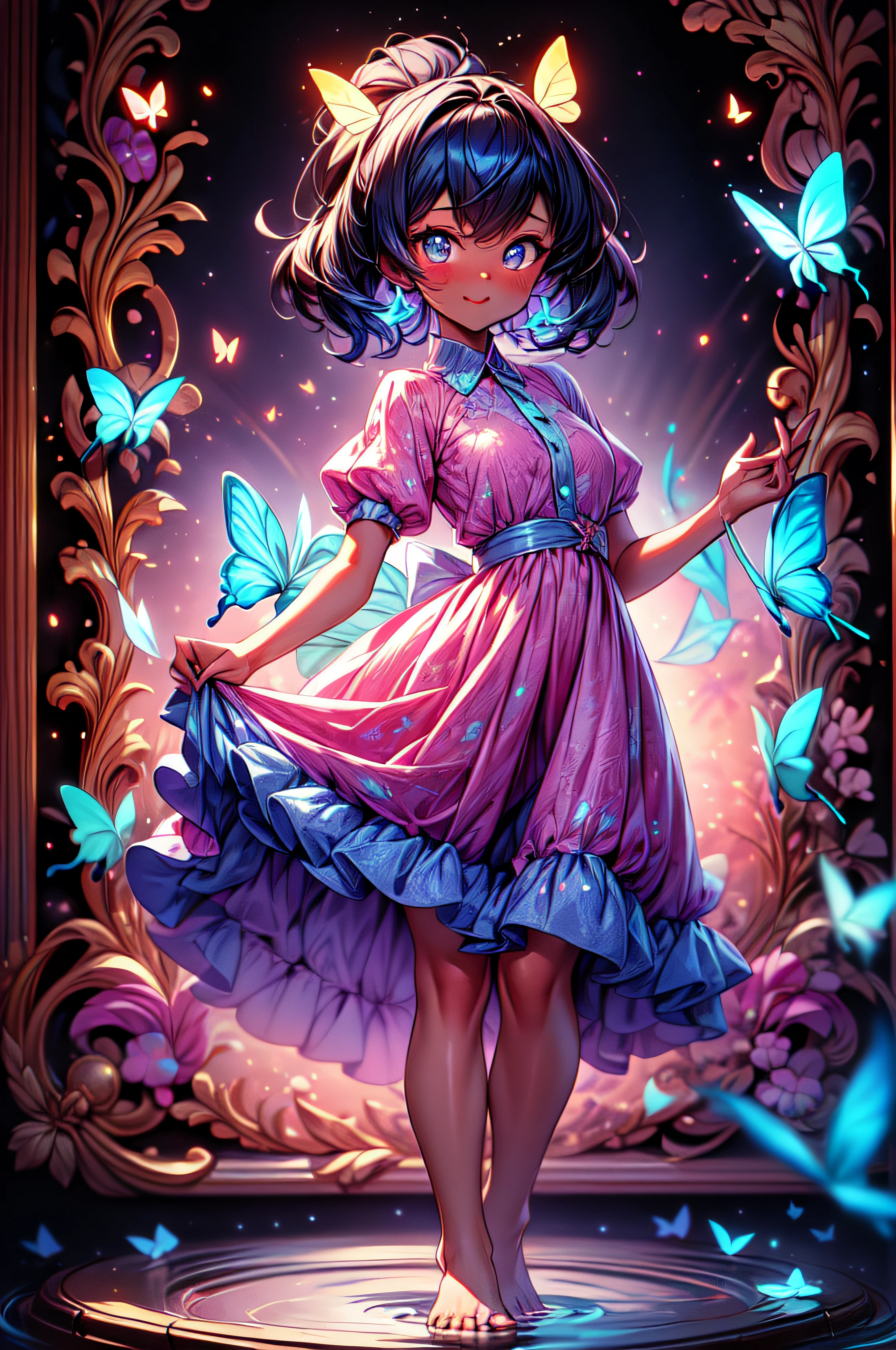 bird's-eye shot, Best quality, Beautiful detailed, Ambient light, Ray-traced reflections, glowing aura, 1 girl,wide shot, A girl, full body, long, multicolored hair, dark skin, butterfly wings on her back, flying and touching the water that covers the entire ground with the tips of the toes, Wearing semi-transparent clothing, good lighting, Incredible detailed particle illumination, full body, Butterflies around.irl, looking the camera.
