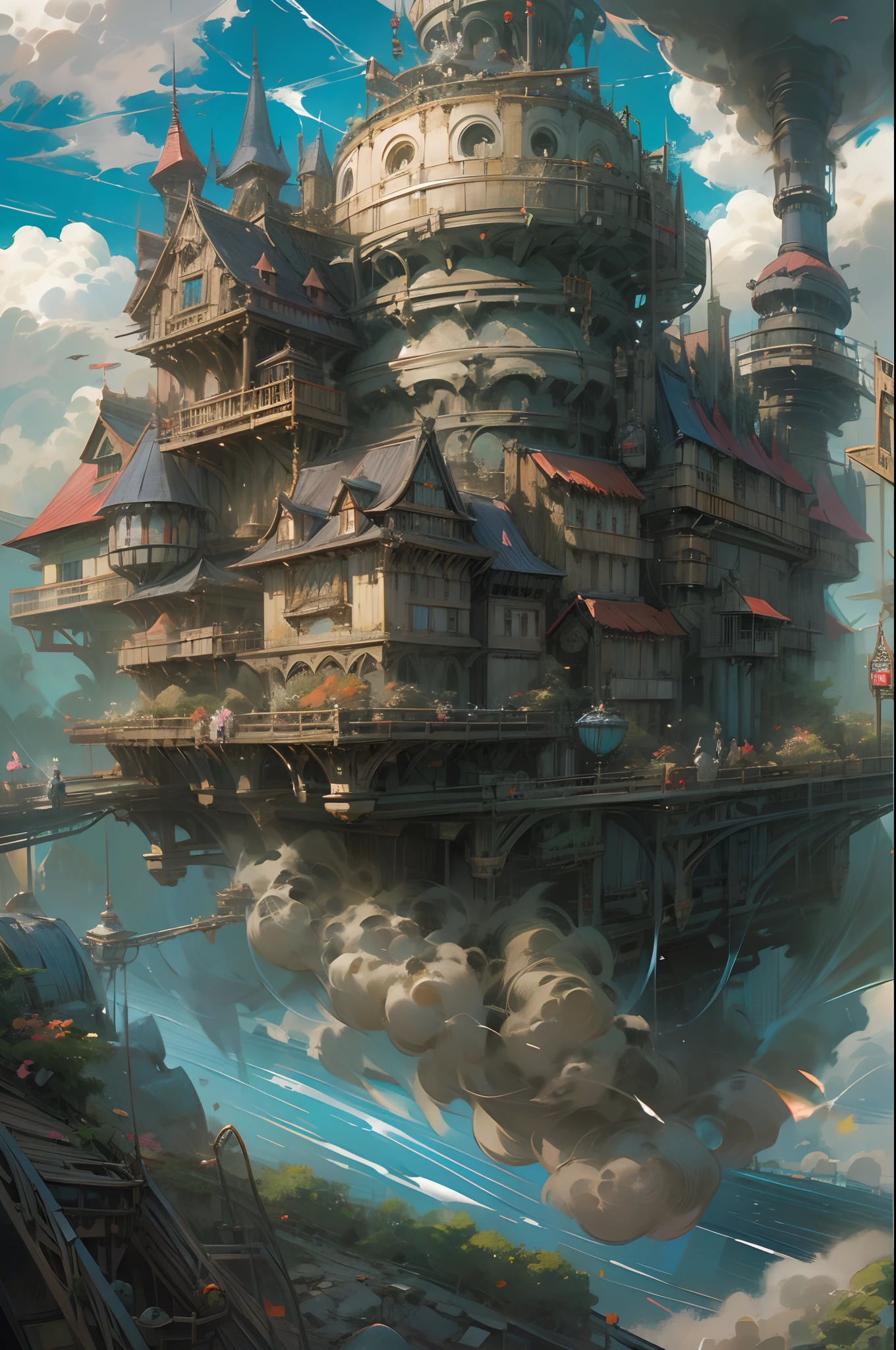 steampunc,Hayao Miyazaki animation,Howl's Moving Castle,Huge moving castle,dynamic blur,super-fine,ultra - detailed,high qulity,8K ,oc rendered,dynamic viewing angle,Hyper Real,Ultra photo realsisim