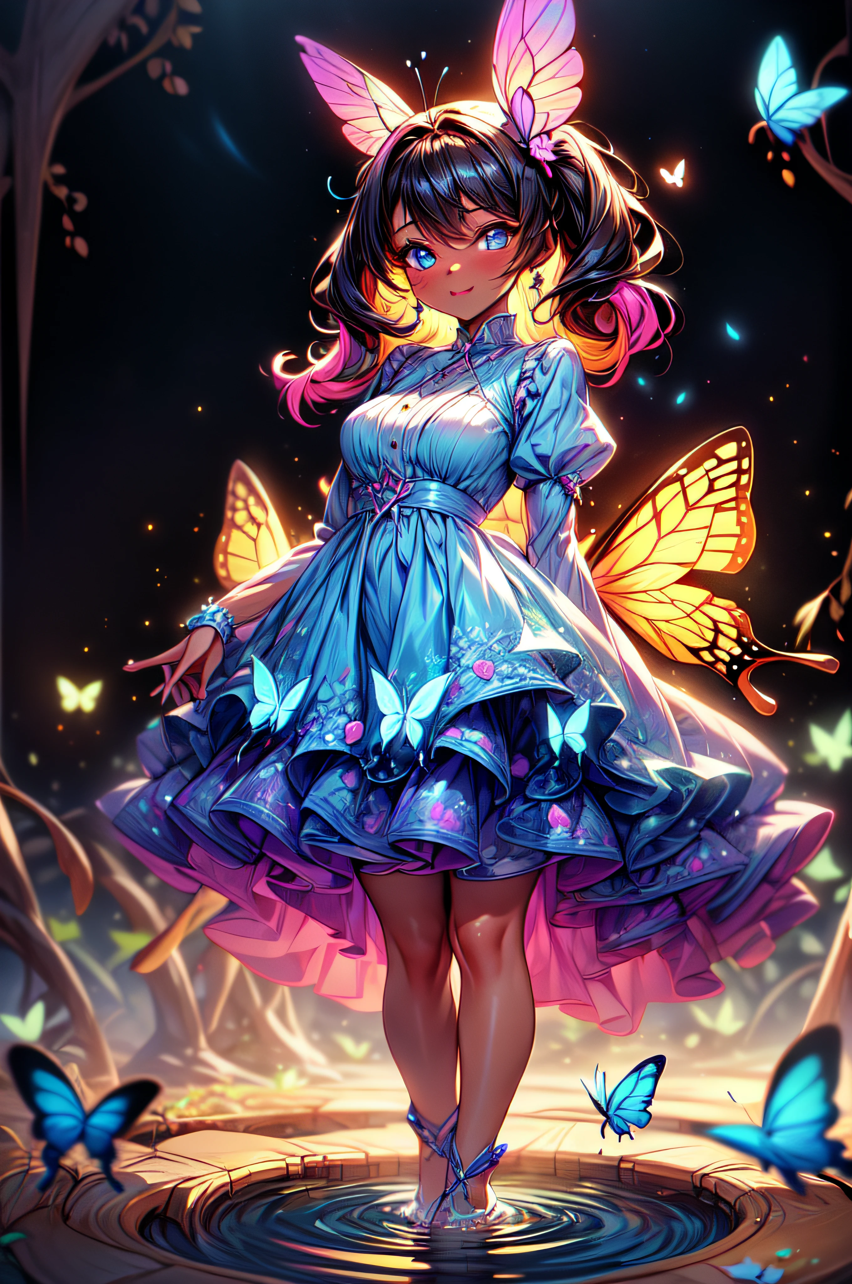 bird's-eye shot, Best quality, Beautiful detailed, Ambient light, Ray-traced reflections, glowing aura, 1 girl,wide shot, A girl, full body, long, multicolored hair, dark skin, butterfly wings on her back, flying and touching the water that covers the entire ground with the tips of the toes, Wearing semi-transparent clothing, good lighting, Incredible detailed particle illumination, full body, Butterflies around.irl, looking the camera.