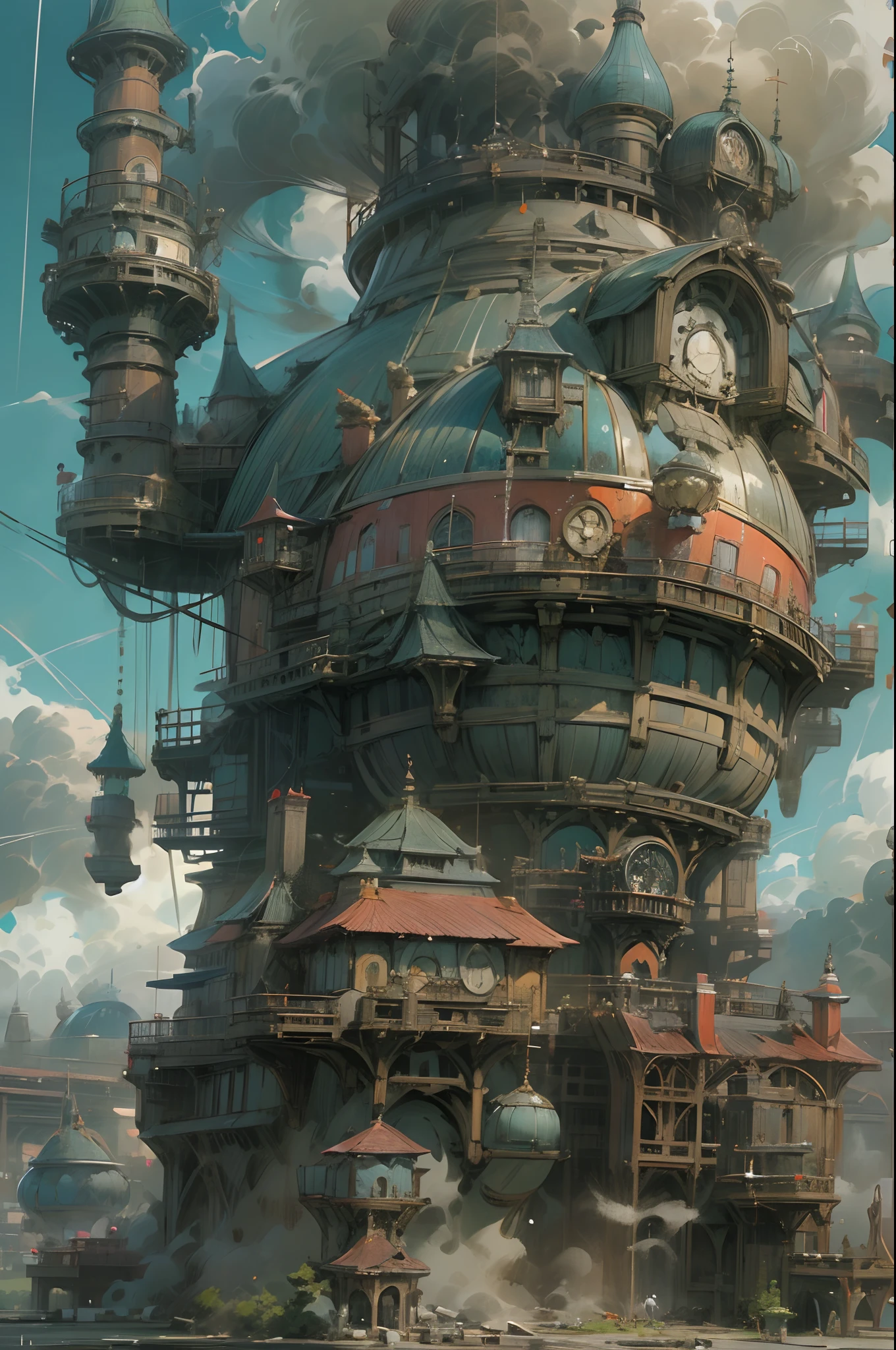 steampunc,Hayao Miyazaki animation,Howl's Moving Castle,Huge moving castle,dynamic blur,super-fine,ultra - detailed,high qulity,8K ,oc rendered,dynamic viewing angle,Hyper Real,Ultra photo realsisim