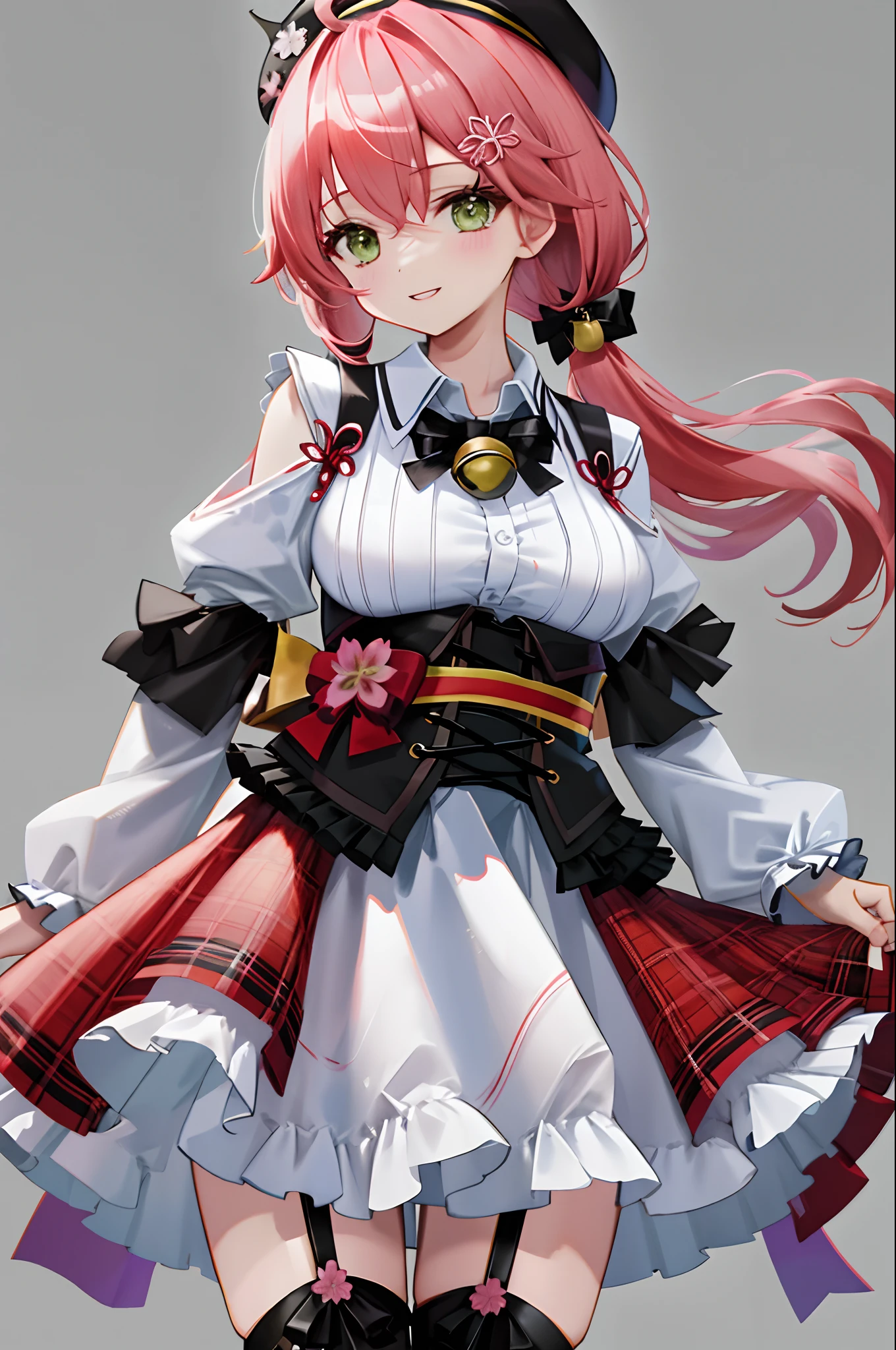 masutepiece, Best Quality, hight resolution, miko2,Ponytail, 1girl in, Green eyes, Ahoge, black headwear, Hair Ornament, White shirt, black thighhighs, Pink hair, Red skirt, plaid skirts, garter strap, Collared shirt, hair clips, frilld, Bangs, hair between eye, frills skirt, beret, Pleated skirt, Hair Flower, Neck bell, medium breasts, puffy long sleeves, Black bow, Underbust, Cowboy Shot,Smile, big_breasts,