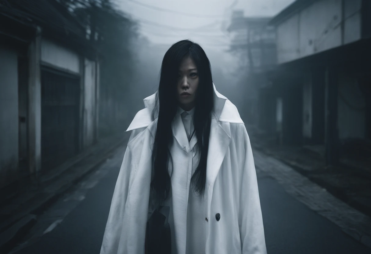 Beautiful petite young Japan woman, 28 year old, Short black hair,Floppy hair, Cold, (Woman in white coat:1.5), (ghost:1.5), Scary, photojournalism, 35 mm, Kodak Gold 200, depth of fields, Night Road、Fallen Woman、the street、with their face not visible、Perspective from a distance
