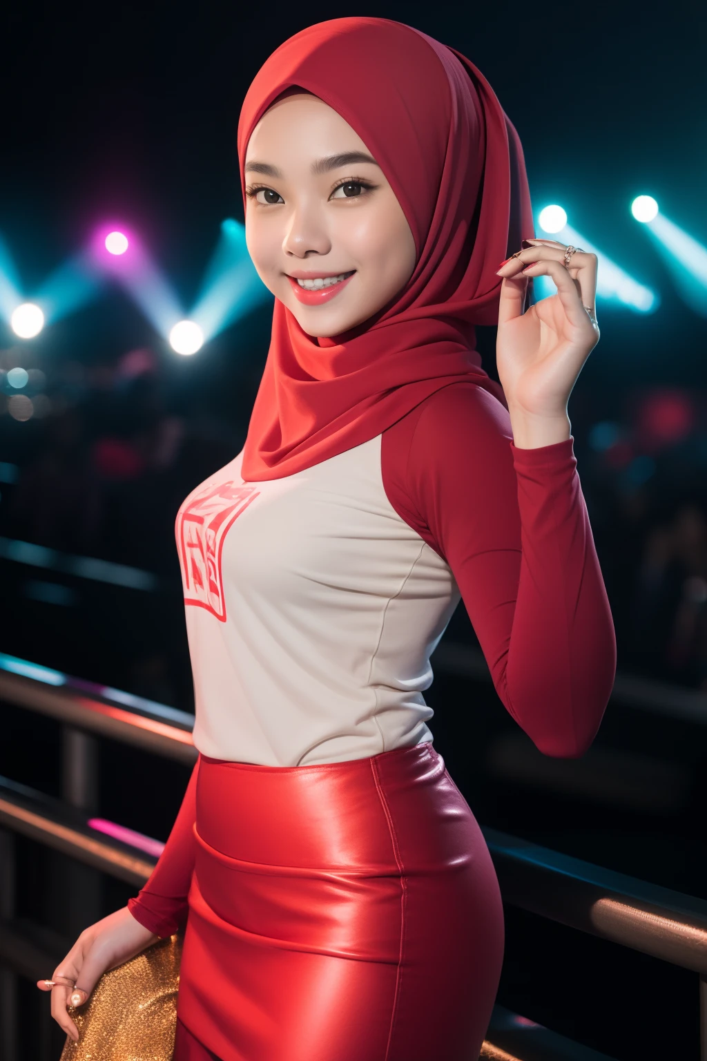 Portrait photography of a beautiful young malay girl ( mira filzah:1.0) in hijab wearing tight long sleeve tshirt and short skirt with leggings watching a concert, nighttime, concert background, bright lighting, smile and happy gesture