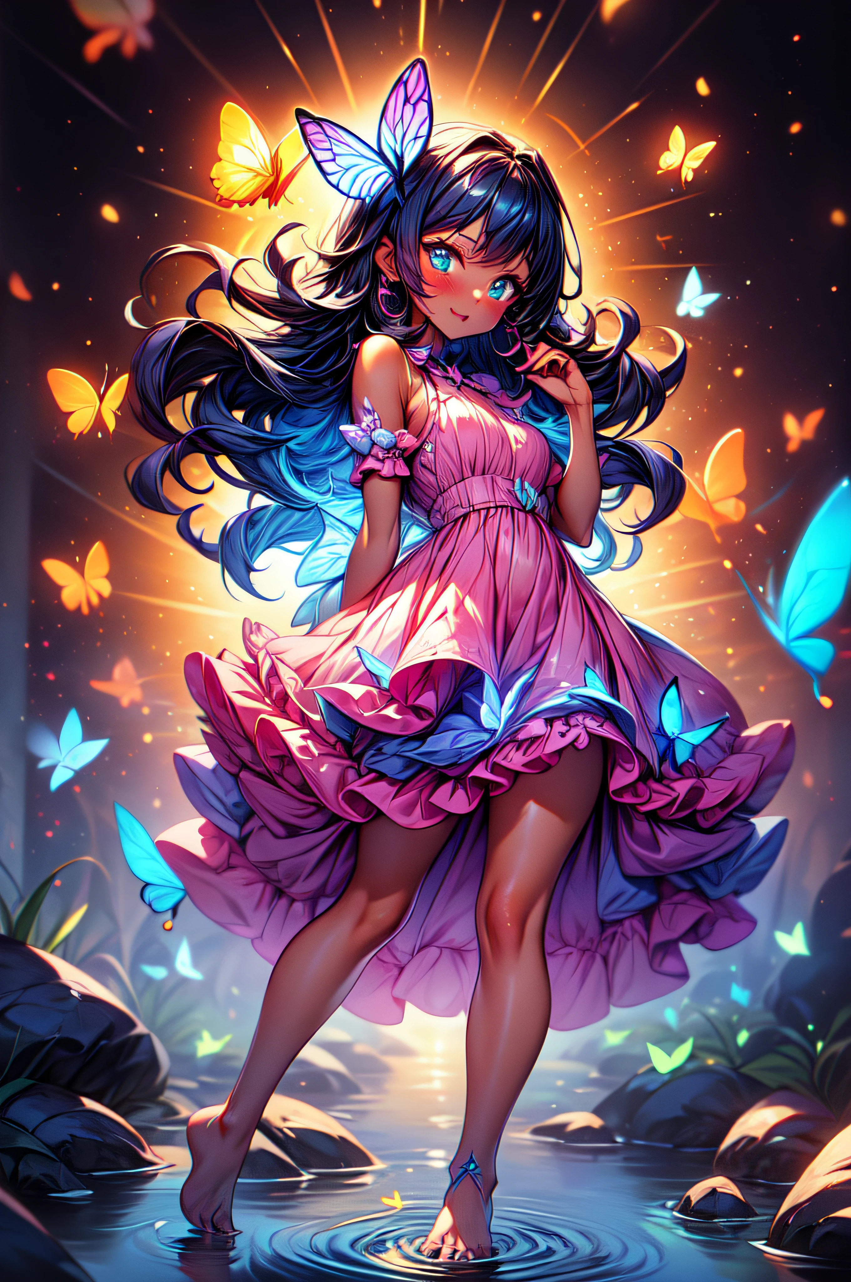 bird's-eye shot, Best quality, Beautiful detailed, Ambient light, Ray-traced reflections, glowing aura, 1 girl,wide shot, A girl, full body, long, multicolored hair, dark skin, butterfly wings on her back, flying and touching the water that covers the entire ground with the tips of the toes, Wearing semi-transparent clothing, good lighting, Incredible detailed particle illumination, full body, Butterflies around.irl, looking the camera.