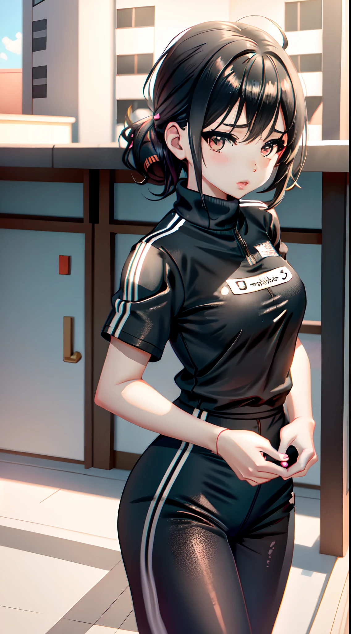 a woman in a short black and white top and black shorts, realistic anime 3 d style, cute sportswear, smooth anime cg art, wearing track and field suit, casual pose, wearing a track suit, seductive anime girl, attractive anime girl, wearing a tracksuit, realistic young anime girl, ilya kuvshinov. 4 k, realistic anime artstyle, sporty