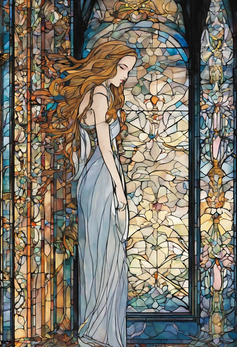 Una joven con un vestido blanco hecho jirones, her long hair darkening part of her melancholy face. Sus ojos parecen oscuros, and a mysterious smile crosses his pale face from time to time.. She stands in the corner of a dark room..., como si esperara con profunda tristeza. Yet, The most chilling thing is the long shadow it casts on the wall......, Looking bigger and more ominous than her own