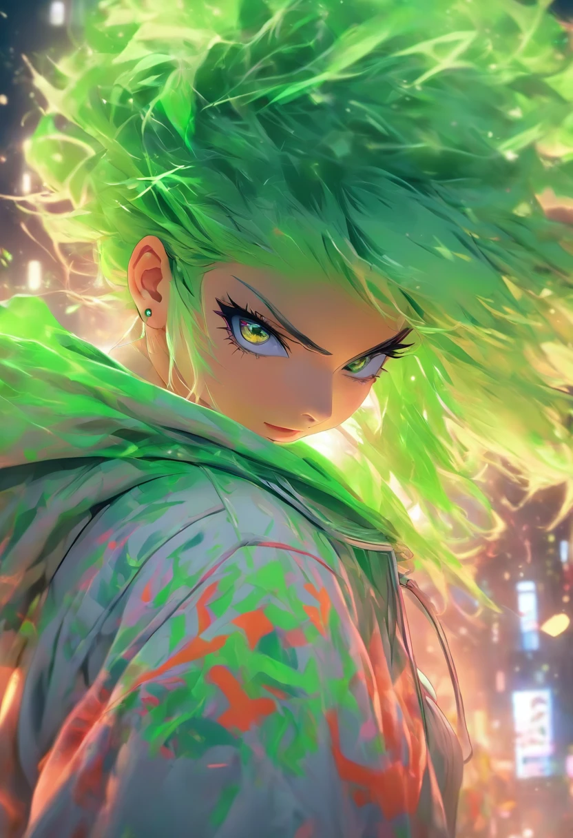 Top quality, Masterpiece, high resolution, 8K, Hoodie and anime style girl, One girl, detailed line art, Bright white and bright green color style, Digital enhancement, Close up, Anime core, Flowing fabric,Toro,torogao