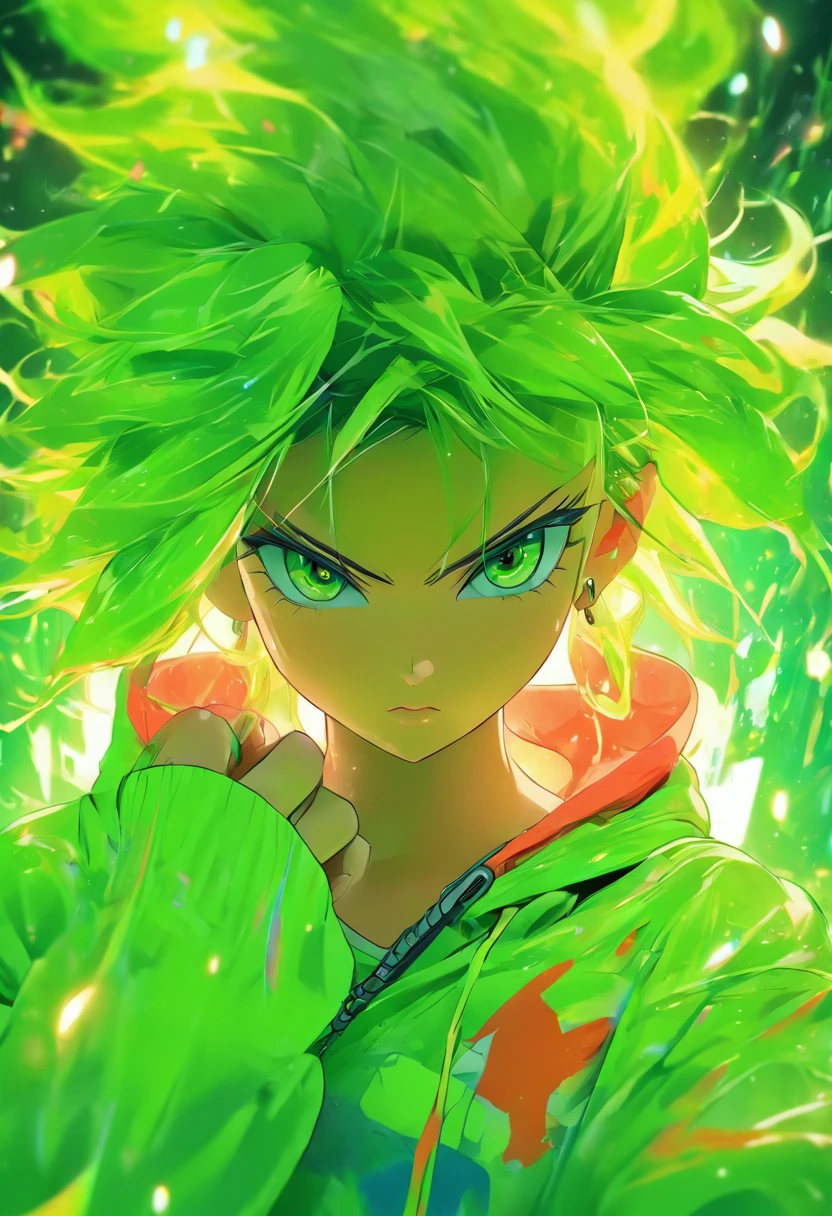 Top quality, Masterpiece, high resolution, 8K, Hoodie and anime style girl, One girl, detailed line art, Bright white and bright green color style, Digital enhancement, Close up, Anime core, Flowing fabric,Toro,torogao