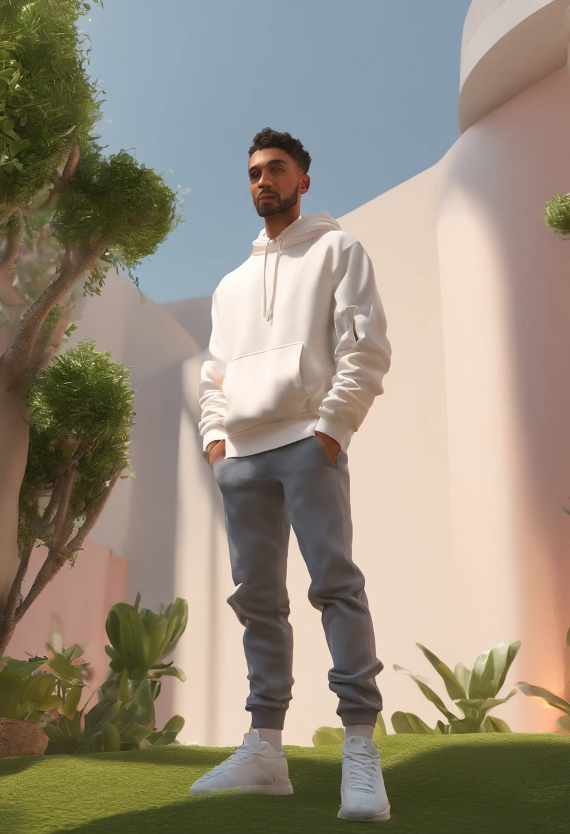 arafed man in a white sweatshirt standing in front of a bush, a picture inspired by Amir Zand, cg society contest winner, realism, riyahd cassiem, outlive streetwear collection, mid shot portrait, profile shot, photo portrait, high quality portrait, mohamed chahin, taken in the early 2020s, headshot profile picture, ismail