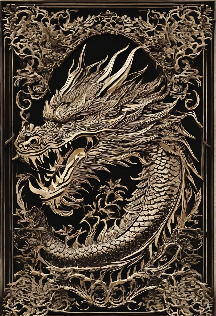 Best Quality, Top image quality, Top resolution, Intricate details, Craftsmanship, (Papercut:1.3), The work of a magician with fire magic, Ring of Fire, Dragon engulfed in flames,Flames sticking out of the dragon's mouth, Paper burning, fire, Real Fire、A truly fiery dragon、Dragon's Beard、Chinese Dragon