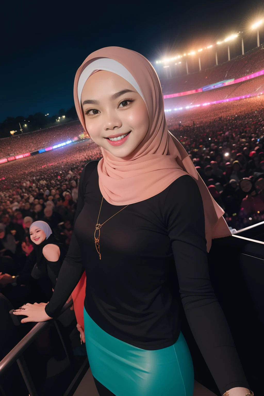 Portrait photography of a beautiful young malay girl ( mira filzah:1.0) in hijab wearing tight long sleeve tshirt and short skirt with leggings watching a concert, nighttime, concert background, bright lighting, smile and happy gesture