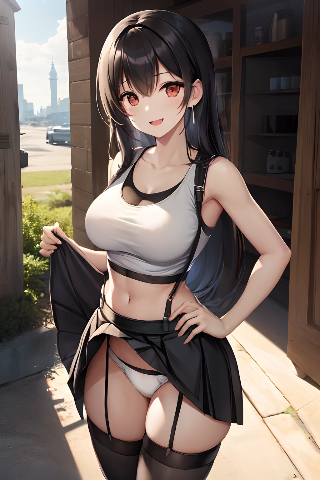 Tifa FF7、1girl in、独奏、looking at the viewers、Smile with open mouth、(white tank tops:1.3)、a black skirt、Suspender Skirt、Midriff、(black thighhighs:1.3)、bra very、zettairyouiki、is standing,(Skirt lift:1.3), (white panties:1.3)、(Skirt that rolls up:1.3)、(Fully exposed panties:1.5),plein air、outside of house、
