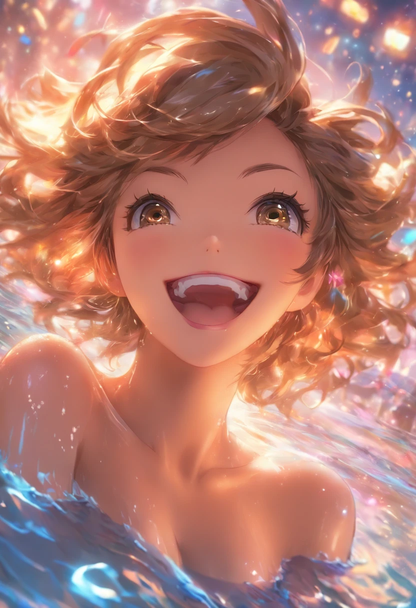 (Top quality, Masterpiece: 1.3), Girls: 1, Sexy: 1.5, bob hair, Brown hair: 1.3, (Wet body: 1.2), pyjamas, Beautiful, cleavage, 超詳細な顔, Detailed lips, Detailed eyes, Double eyelids, Sexy, Smile, Beautiful legs，Seductive laughter