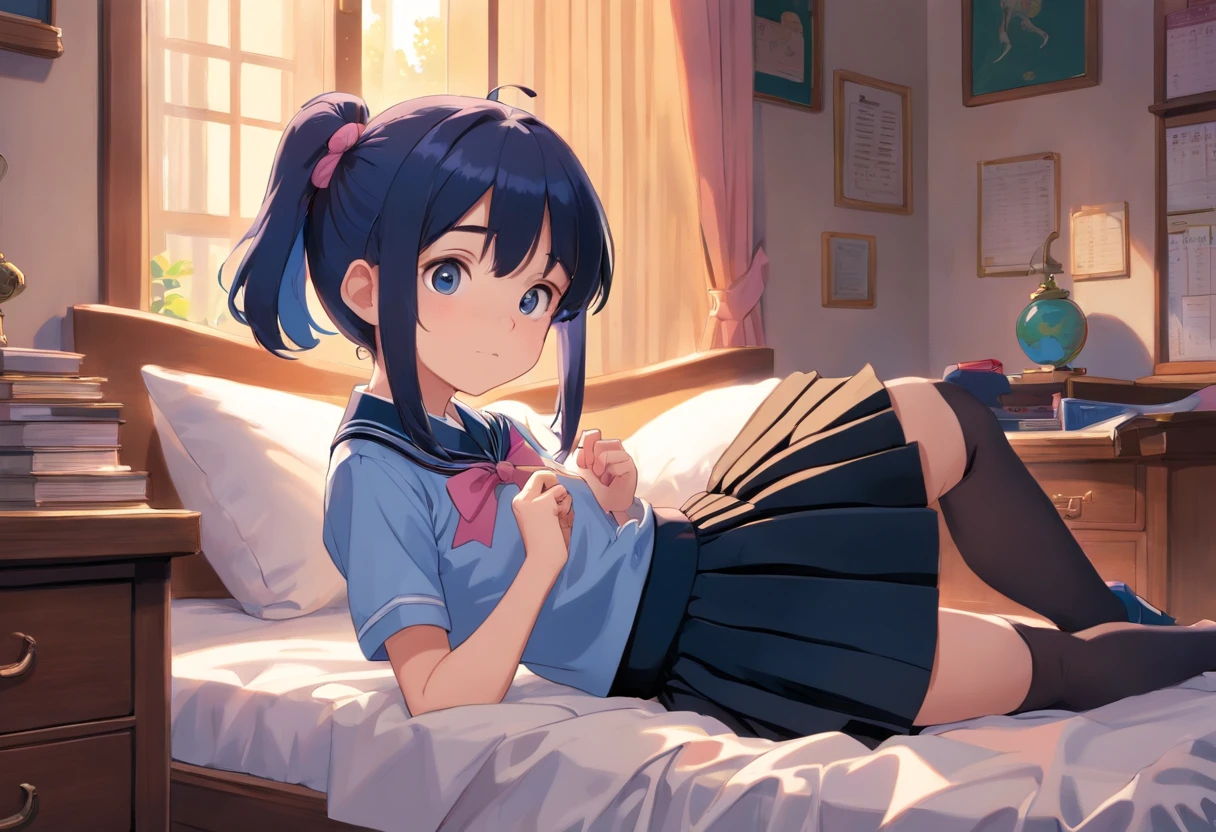 Beautiful illustration、top-quality、**************** girl with dark blue ponytail and medium hair tied with pink elastic. Her S is very small. Her eyes are black、on the beds、(((black pleated skirt)))、(((a school uniform)))、longsleeves、Small