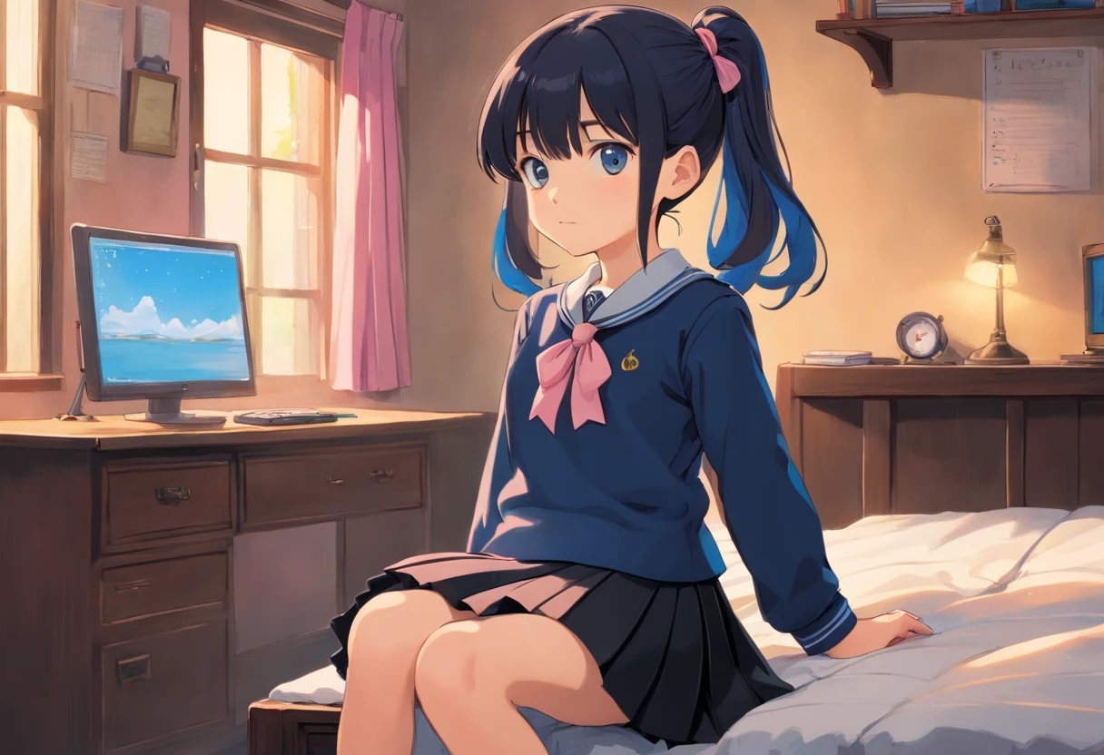 Beautiful illustration、top-quality、10 year old baby girl with dark blue ponytail and medium hair tied with pink elastic. Her S is very small. Her eyes are black、on the beds、(((black pleated skirt)))、(((a school uniform)))、longsleeves、Small
