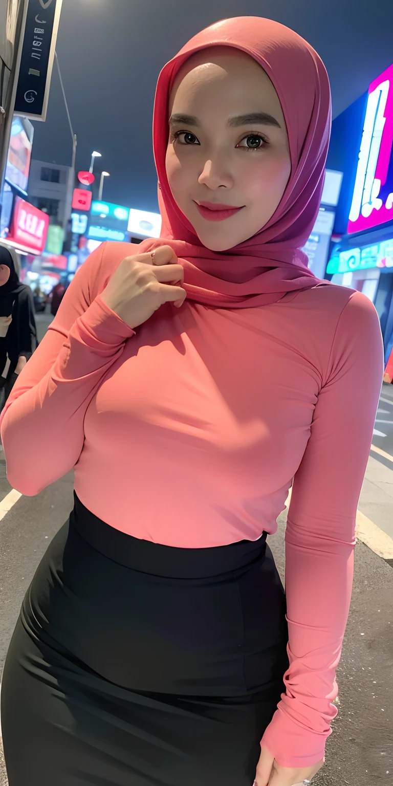 1 matured malay girl in hijab wear long sleeve tshirt and leggings, seoul street, nighttime, neon city lights,upper body,close-up, seducing, sexy pose, (8k, RAW photo, best quality, masterpiece:1.2),(realistic, photo-realistic:1.37),