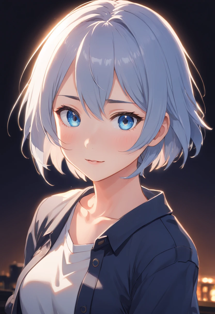 White background, short detailed hair，[Simple background],Masterpiece, A girl, Composite cloth, [Upright], Virtual YouTuber, [[Blush]], concept-art, Solo, 1girll, Cowboy shot, full bodyesbian, view the viewer,  ,[[Barista]]、,Y-shirt on black background, The black background is thin, trouser,buttoning, Black clothes,,Extremely delicate and beautiful girl, anime screencaps, musculous,20 years old, Short hair,[[Wolf hair]]、 If the bangs are hair between the eyes, Black and silver hair, two tone color hair, Beautiful detailed hair, Beautiful face,  Happy expression, Clear eyes, Mouth closed、 Delicate hands, Blue eyes, white skinned, The beautiful